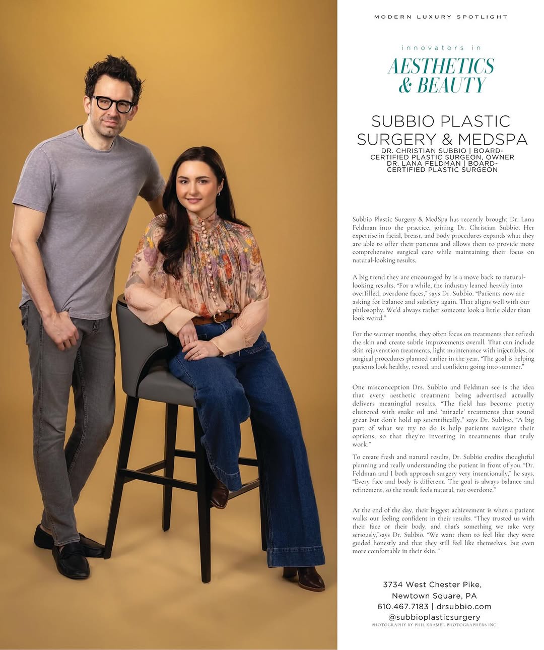 Instagram post by Dr. Christian Subbio: We’re honored to be featured in @phillystylezine Innovators in Aesthetics issue ✨ As we continue to grow, welcoming Dr. Lana Feldman alongsi…
