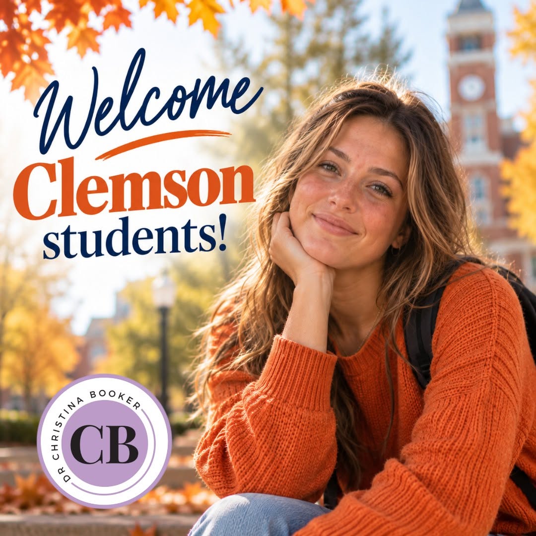 Instagram post by Dr. Christina Booker: Welcome to Clemson! 🧡 💜 Dr. Christina Booker would like to welcome all of our Clemson students to the area! Whether you're dealing with br…