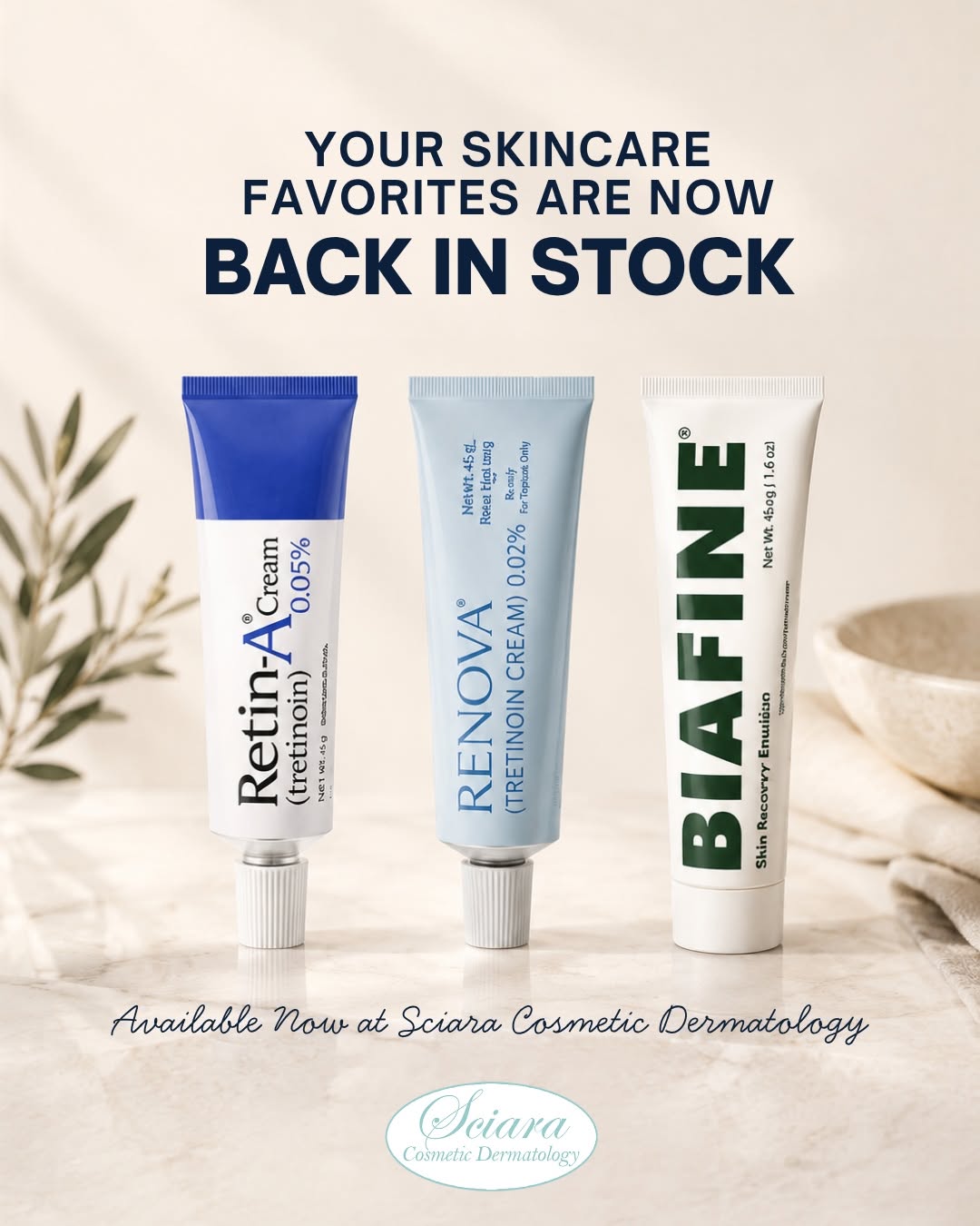 Instagram post by Dr. Christine Sciara: Some of our most requested skincare favorites are back in stock and available in our office! 🔹 Retin-A® (Tretinoin) A prescription-strength…