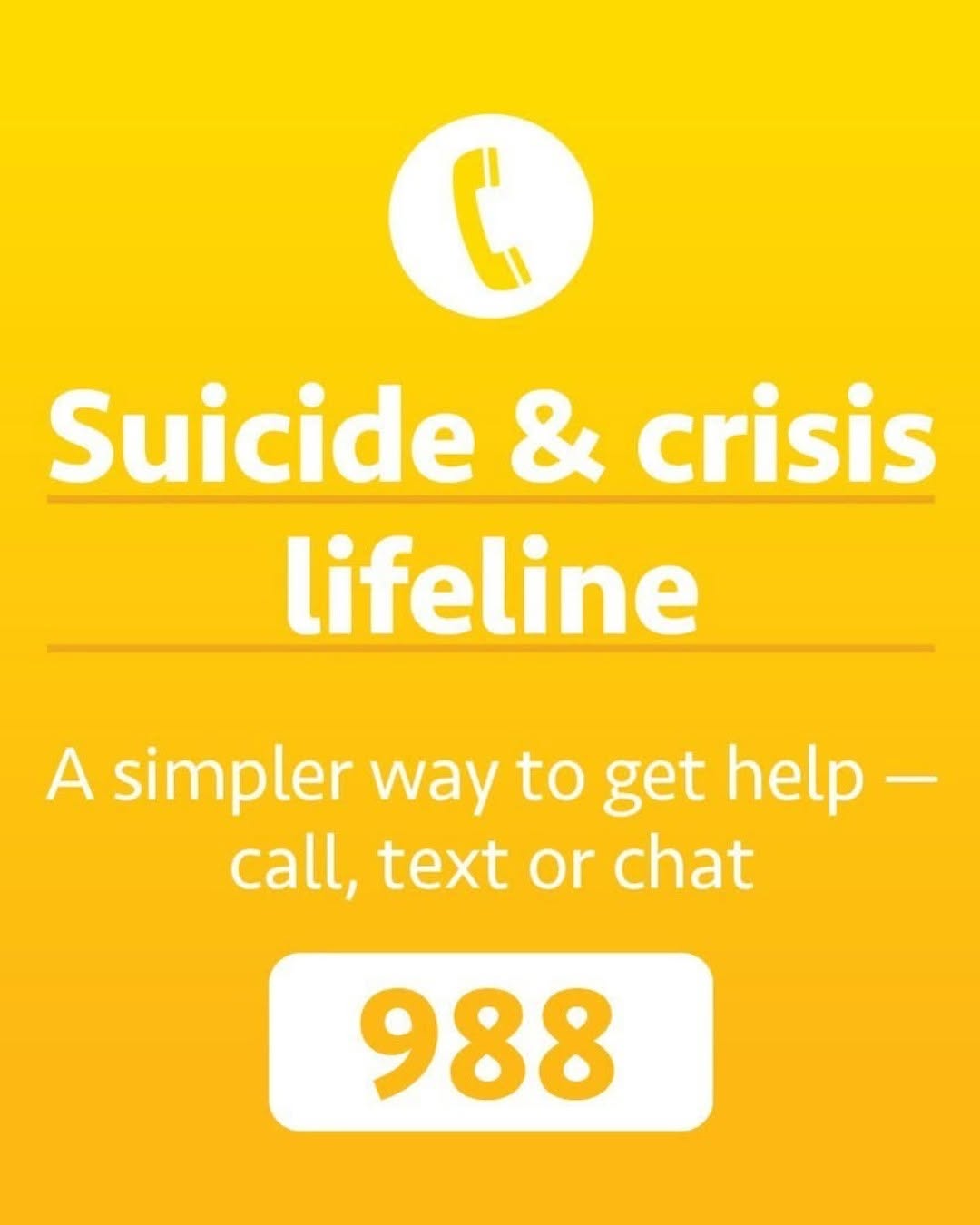 Yellow background with a white phone icon above the text: "Suicide & crisis lifeline. A simpler way to get help – call, text or chat. 988.