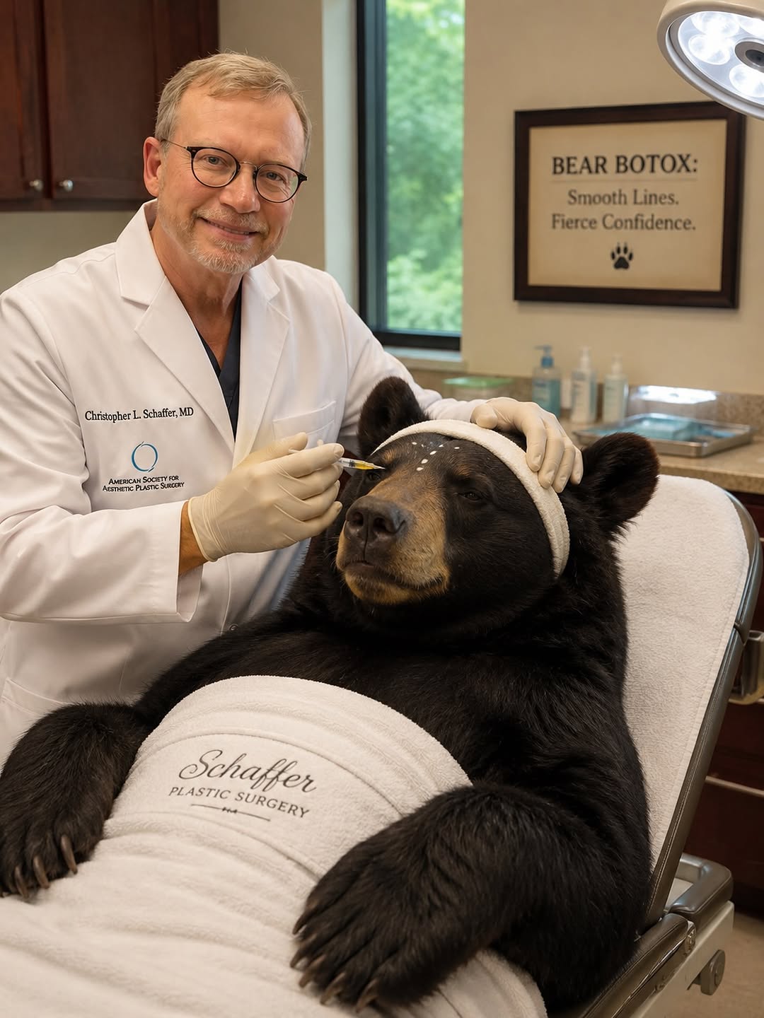 Instagram post by Dr. Christopher J. Schaffer: We had a V.I.P. client today 🧸 With all the *paw*parazzi, the Bham Bear realized he needed a little refresh and had to stop by and see Dr. …