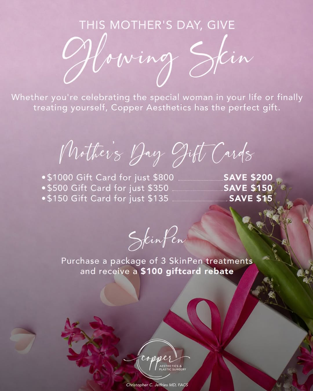 Instagram post by Dr. Christopher Jeffries: Give the gift she actually wants this Mother’s Day 💐✨ From glowing skin to confidence-boosting treatments, our Mother’s Day specials are de…