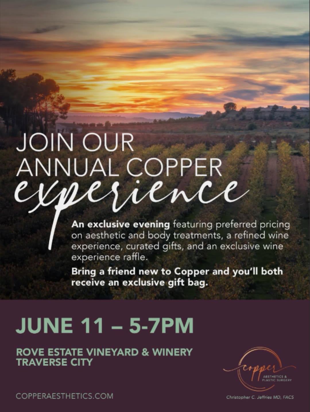 Instagram post by Dr. Christopher Jeffries: We’re so excited to invite you to our annual evening at Rove Estate Vineyard and Winery — happening June 11th, from 5 to 7 PM. You’ll get to…