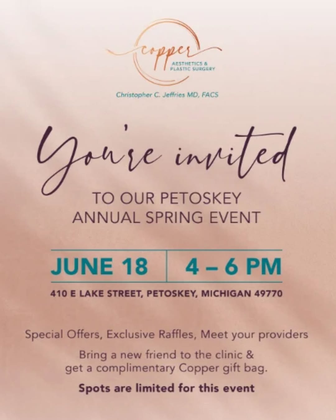 Instagram post by Dr. Christopher Jeffries: ✨ You’re invited to our Petoskey Annual Spring Event! Join us on June 18 from 4–6 PM for an evening of exclusive offers, raffles, and the ch…