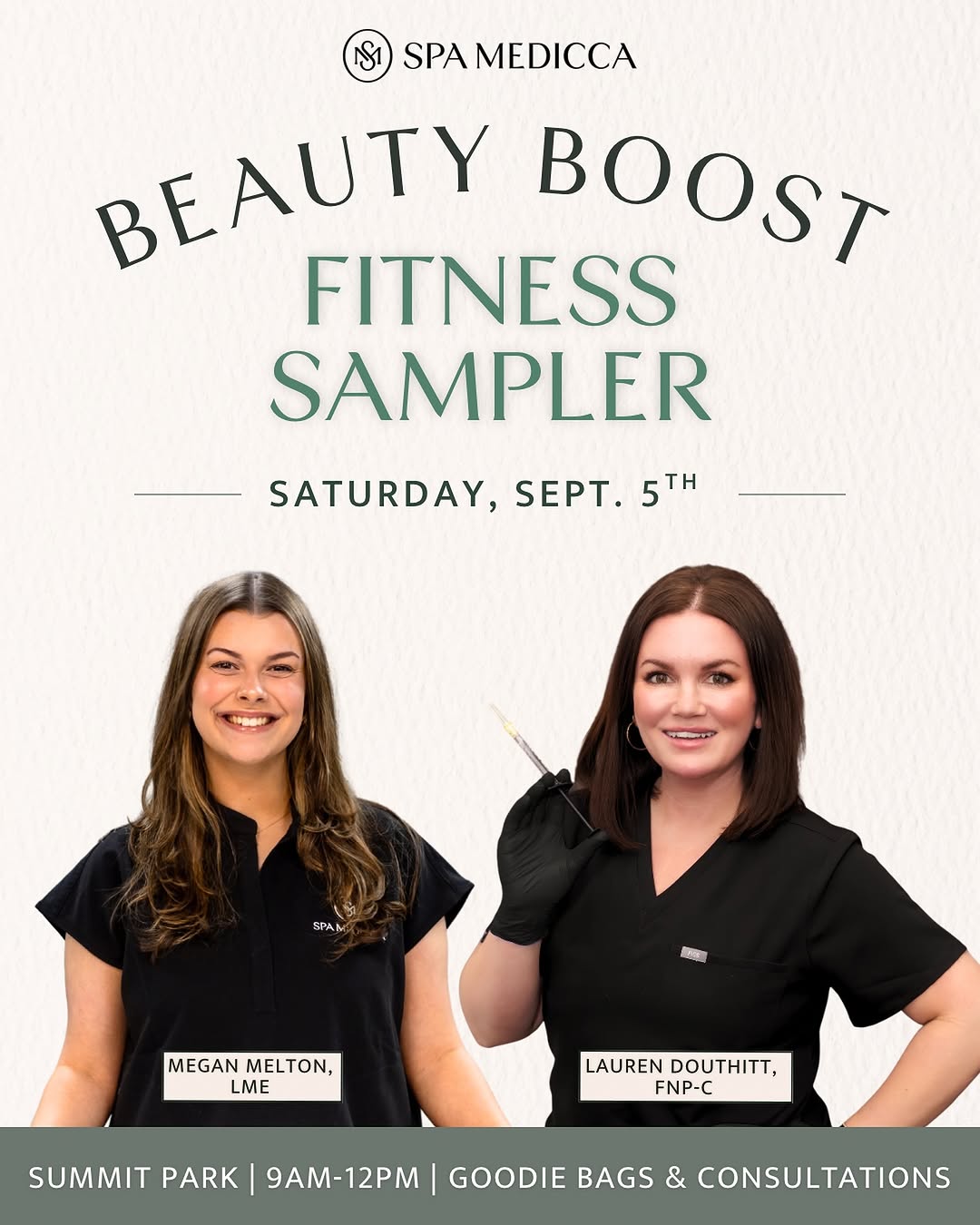 Instagram post by Dr. Christopher Sesslar: We’re bringing Spa Medicca to you! Join us at Beauty Boost Fitness Sampler on Saturday, September 5th at Summit Park with Megan Melton, LME …