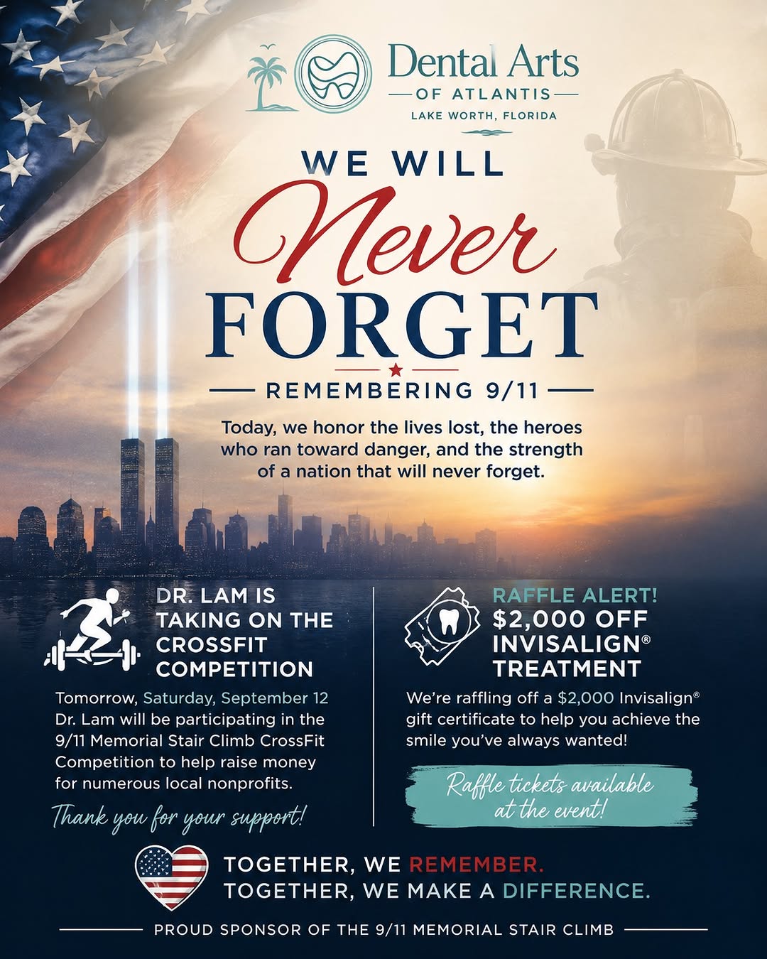 Instagram post by Dr. Colleen Lam, D: We Will Never Forget. 9/11 ❤️🤍💙 Today, we remember the lives lost, honor the heroes who ran toward danger, and recognize the first respond…