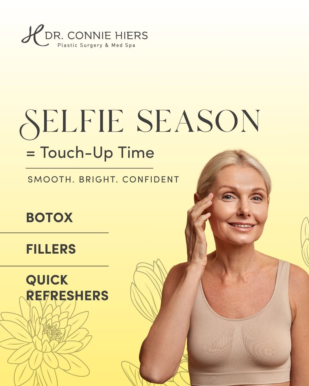 Instagram post by Dr. Connie Hiers: Summer selfies still going strong? Keep your look smooth and refreshed with a quick touch-up. Book now to stay photo-ready!