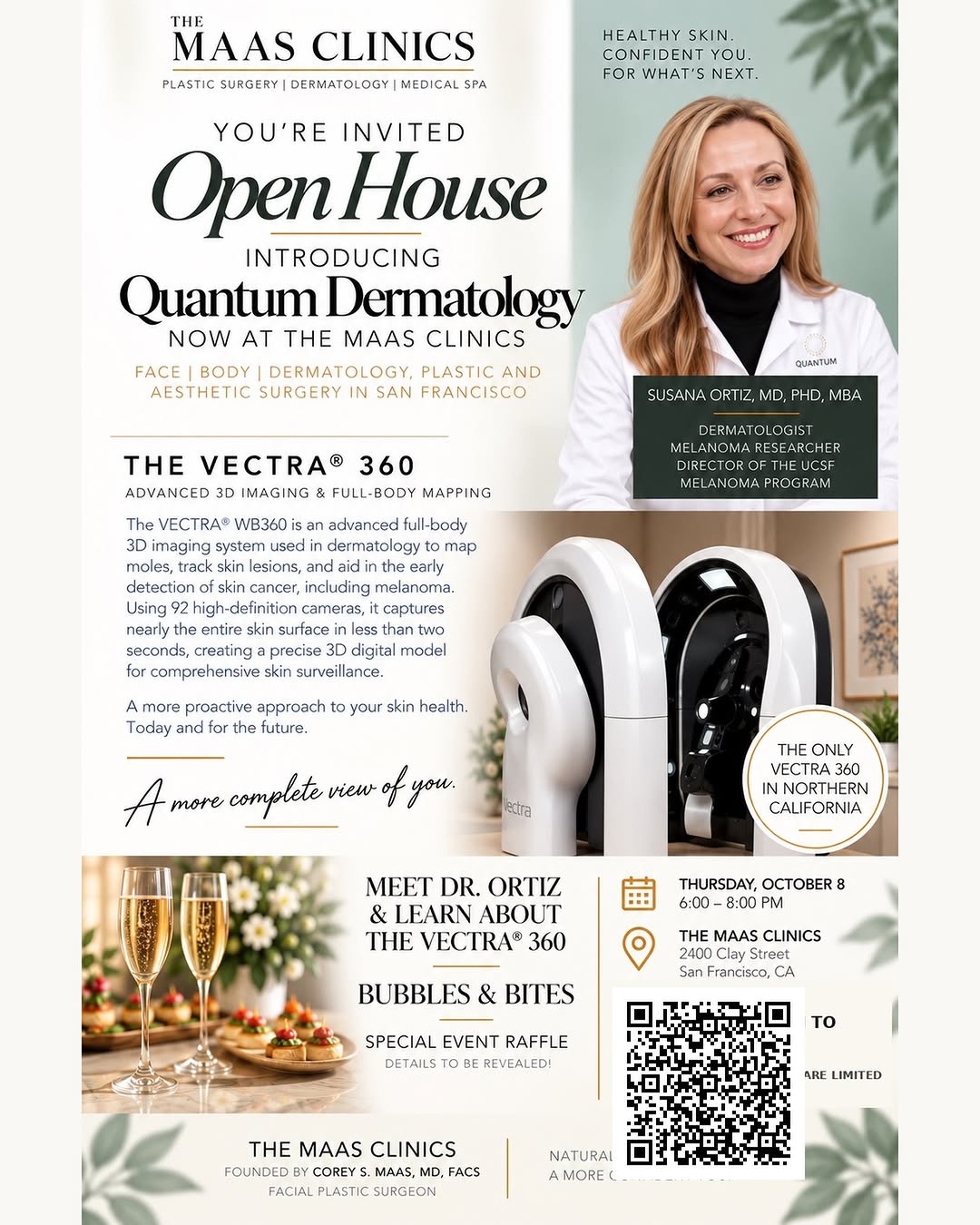 Instagram post by Dr. Corey S. Maas: Join us at The Maas Clinics for a special Open House introducing Quantum Dermatology and the VECTRA® 360—an advanced full-body 3D imaging sy…