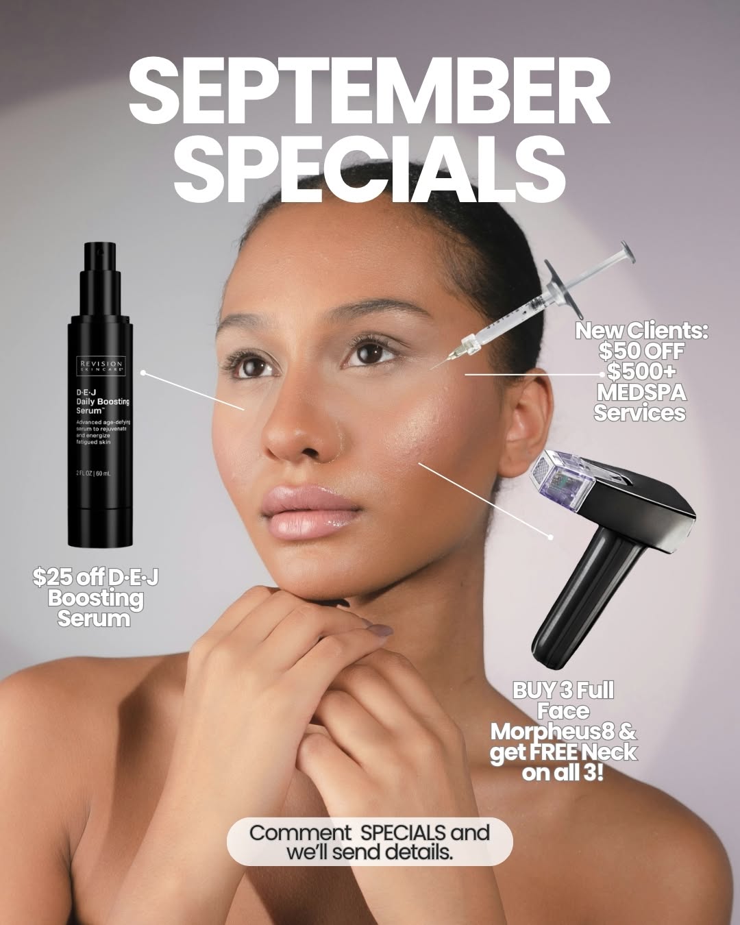 Instagram post by Dr. Courtney Caplin: September Specials: 3 Full Face treatments for $3,000 + receive the Neck FREE at all 3 sessions! $3,600 value → Save $600 $25 off Revision D…