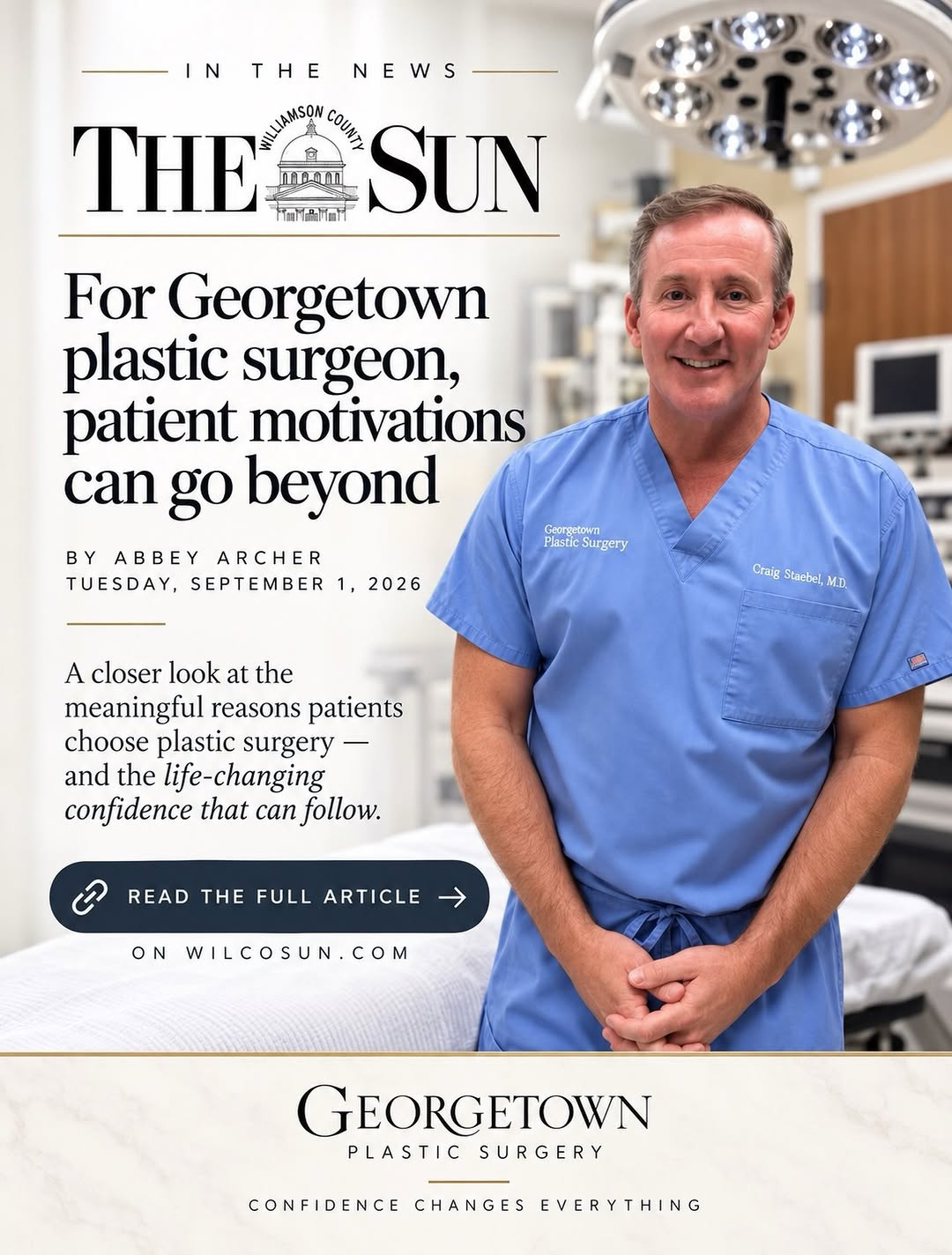 Instagram post by Dr. Craig A. Staebel: 📰 IN THE NEWS! We’re honored to be featured in The Williamson County Sun. Read the full article about the meaningful motivations behind our…