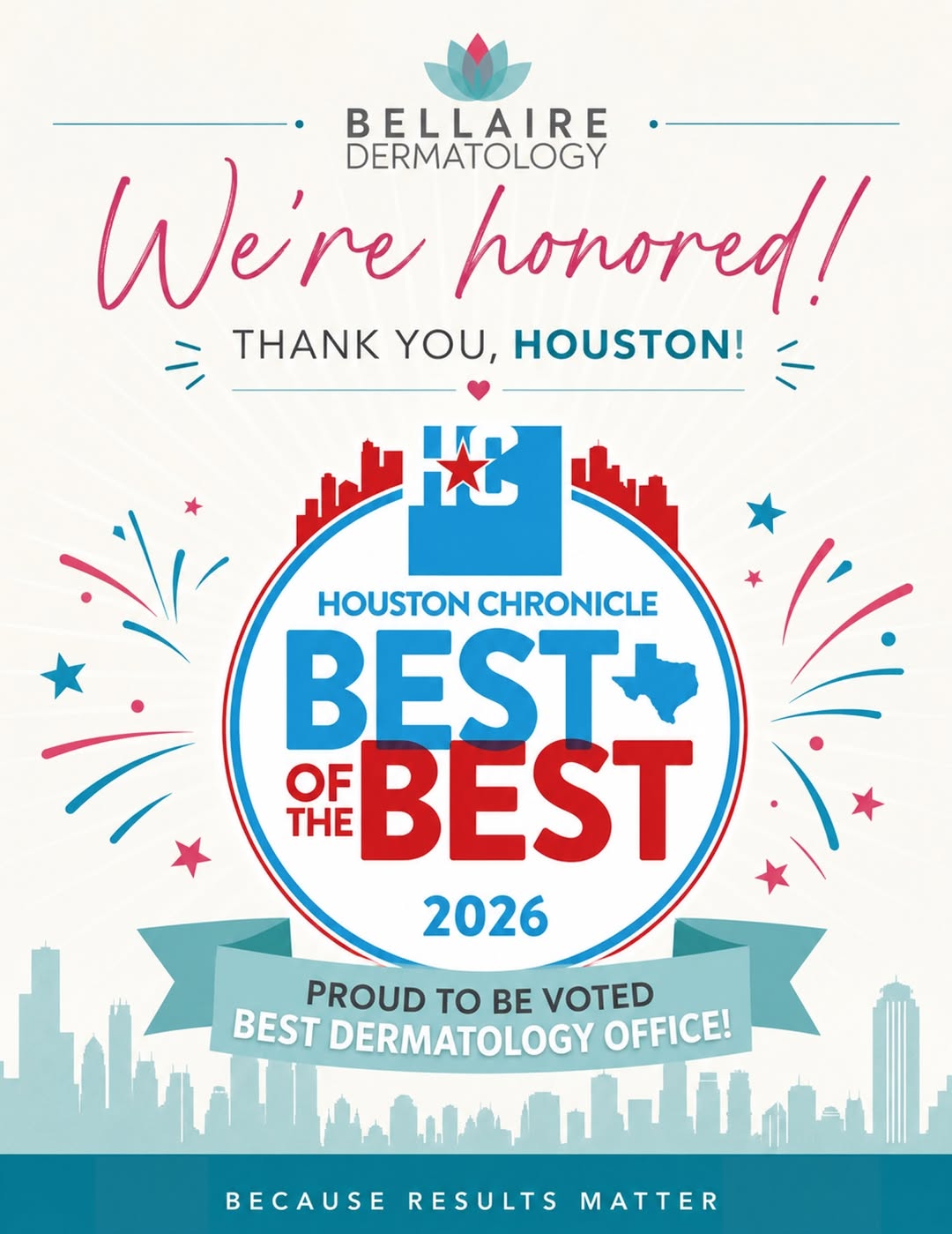 Instagram post by Dr. Craig F. Teller: We’re incredibly proud to announce that Bellaire Dermatology has been voted the 2026 Houston Chronicle Best of the Best Winner for Dermatolo…