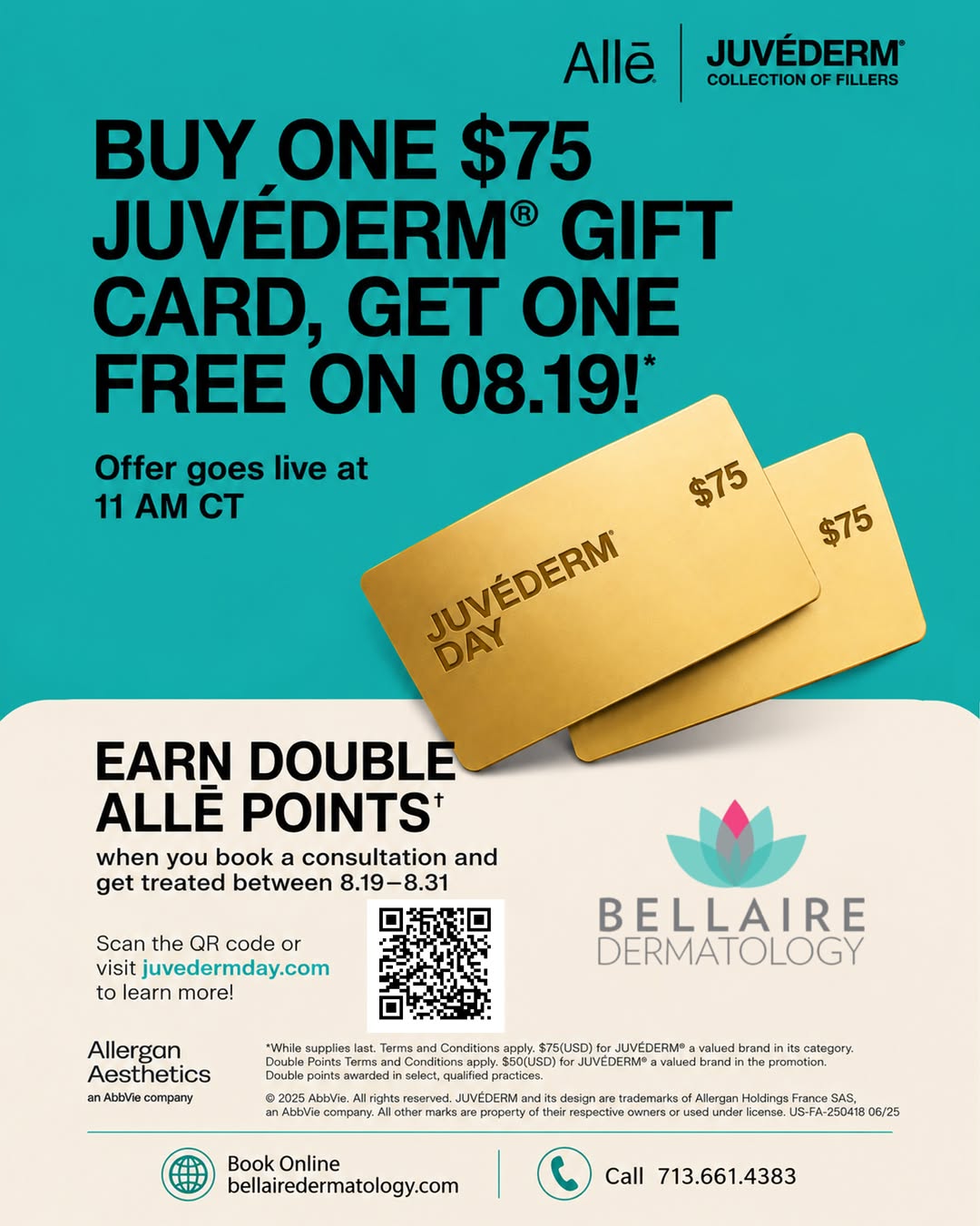 Instagram post by Dr. Craig F. Teller: 👀 Think JUVÉDERM Day is the only deal? Not at Bellaire Dermatology. 💙 Swipe to see the exclusive savings we’re adding when you purchase yo…
