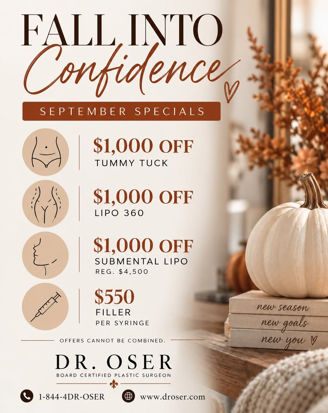 Instagram post by Dr. Craig Oser, DO: 🍂 FALL INTO CONFIDENCE 🍂 September is the perfect time to do something for YOU. ✨ Our September Specials are here: ✨ Tummy Tuck — $1,000 O…