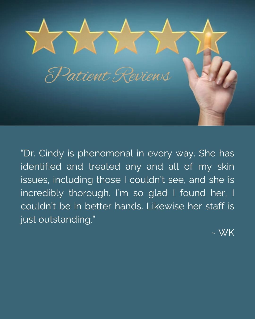 Instagram post by Dr. Cyndi Yag-Howard: Phenomenal, incredible, and outstanding -- we just LOVE seeing these words in our patient reviews!!! #yhderm #patientreviews