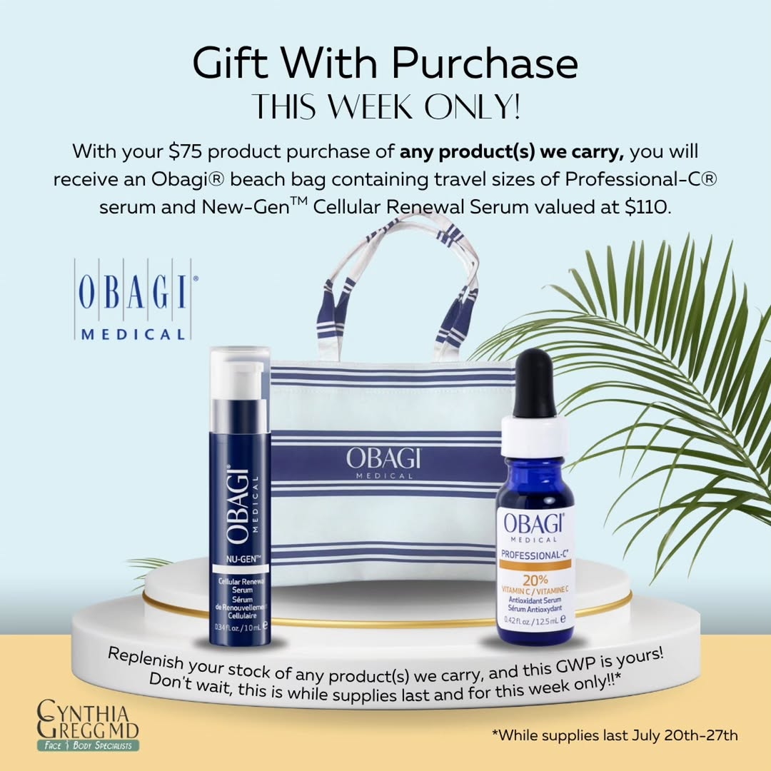 Instagram post by Dr. Cynthia Gregg: Who doesn't love a GWP?! This is a great one with a fun beach bag and 2 great #obagi travel size products! Obagi NU-GEN™ Cellular Renewal Se…