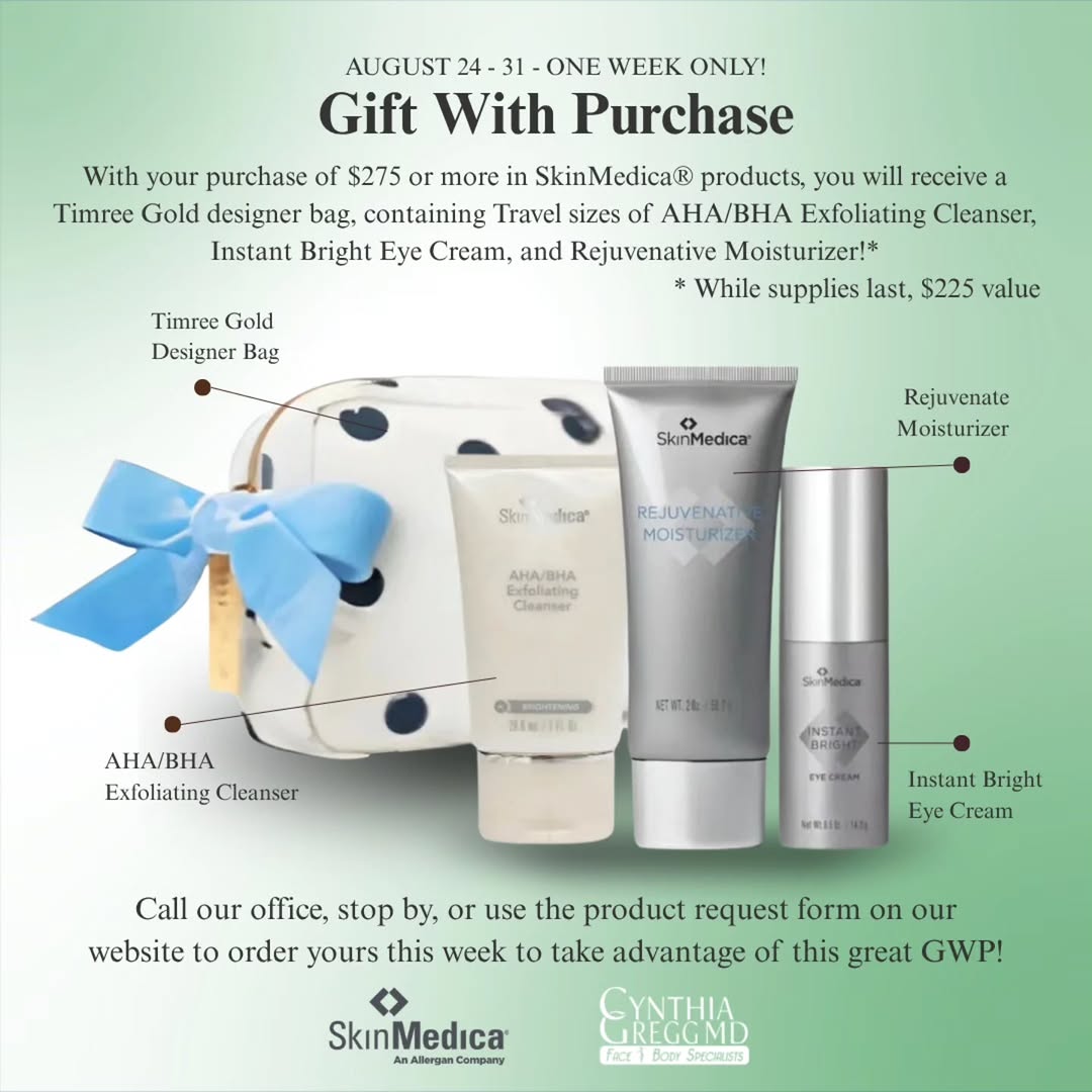 Instagram post by Dr. Cynthia Gregg: Yes, a designer bag from Timree Gold, containing 3 travel-sized SkinMedica products- AHA/BHA cleanser, Bright Eye Cream, and Rejuvenative Mo…