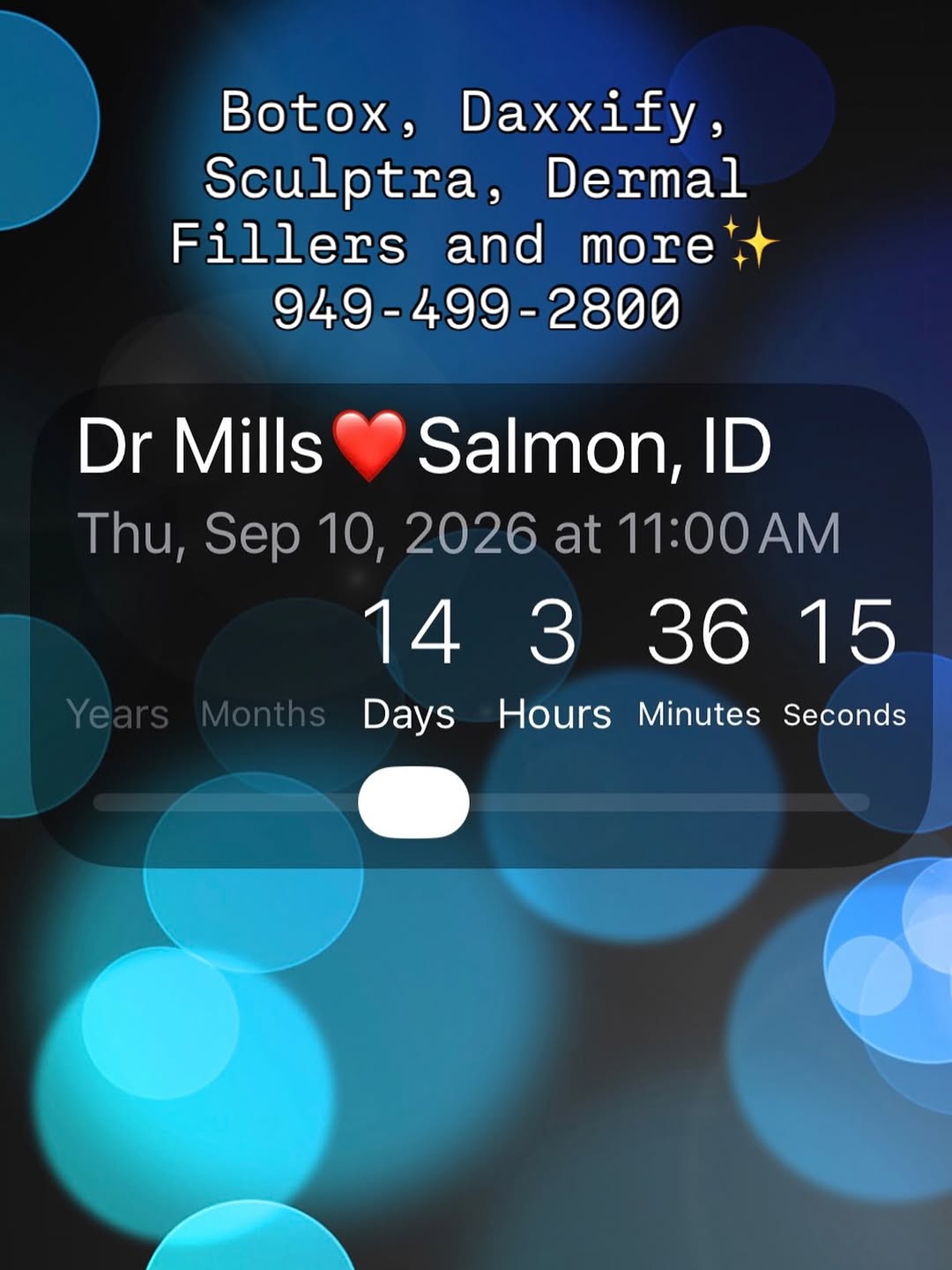 Instagram post by Dr. Dan Mills: The countdown is on! We have a few appointments left for September 10! Next date available is September 24. #botox #daxxify®️ #sculptra #der…