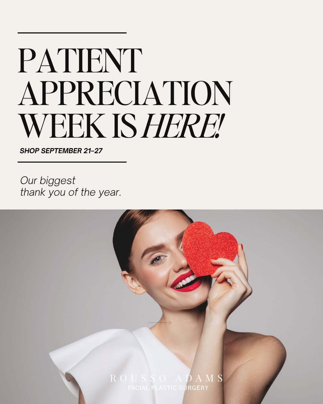 Instagram post by Dr. Daniel E. Rousso: Something special is coming. 🤍 Patient Appreciation Week begins September 21! We’re celebrating our patients with exclusive specials on som…