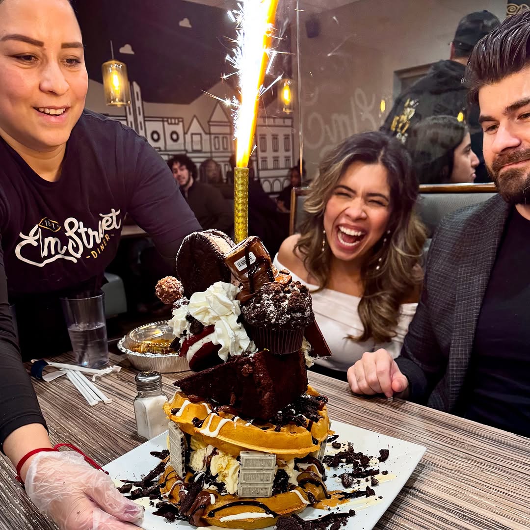 Instagram post by Dr. Daniel Kirk: Finally made it to @elmstreetdiner this weekend and there were SMILES ALL AROUND 😆 #wowwaffletower #elmstreet #elmstreetdiner #stamfordct #…