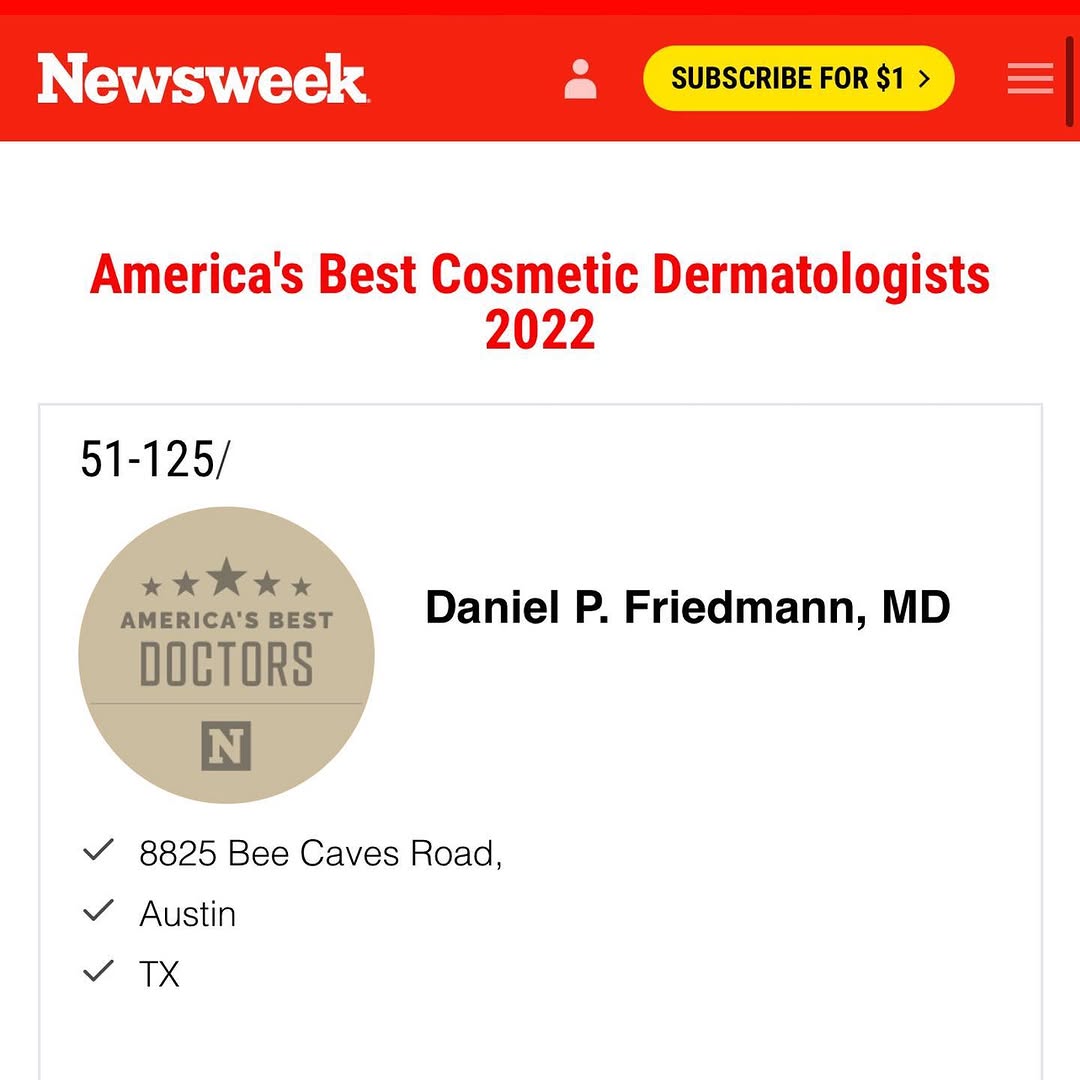 Instagram post by Dr. Daniel P. Friedmann: Recently included in the list of “America’s Best Cosmetic Dermatologists” by Newsweek. My excitement and gratitude are dwarfed only by the a…