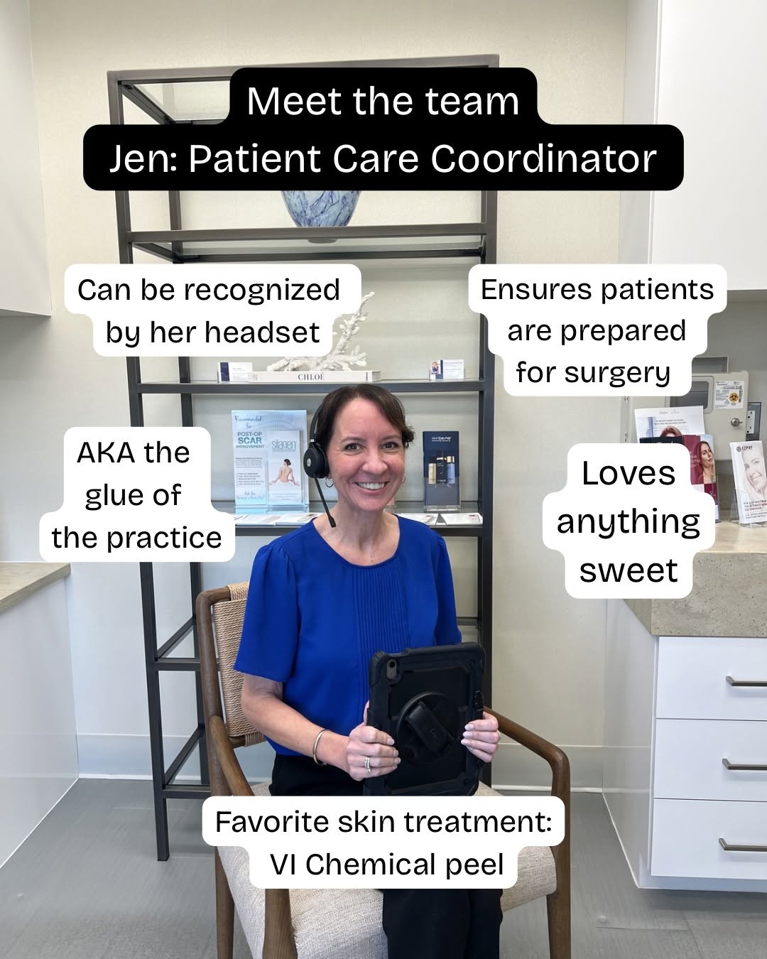 Instagram post by Dr. Daniela Burchhardt: Meet Jen — our Patient Care Coordinator! 🎧 She's the glue that holds our practice together — making sure every patient feels prepared, info…