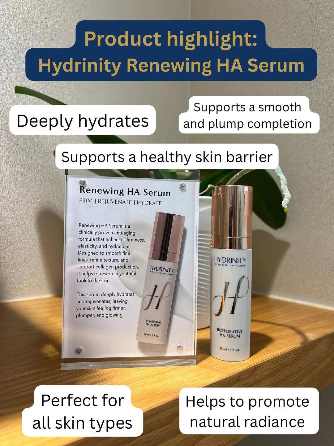 Instagram post by Dr. Daniela Burchhardt: Product highlight: Hydrinity renewing serum. The sister product to the restorative serum that we recommend for recovery from facelift surger…