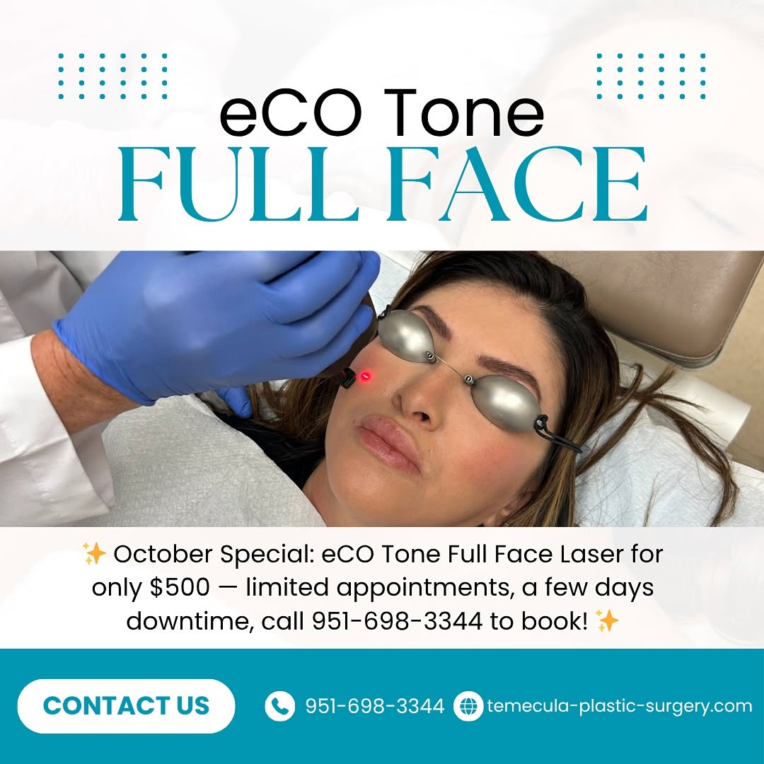 Instagram post by Dr. David A. Newman: ✨ October Special ✨ eCO Tone Full Face Laser — $500 📅 Limited Appointments Available ⏳ Just a few days of downtime 📞 Call 951-698-3344 to …