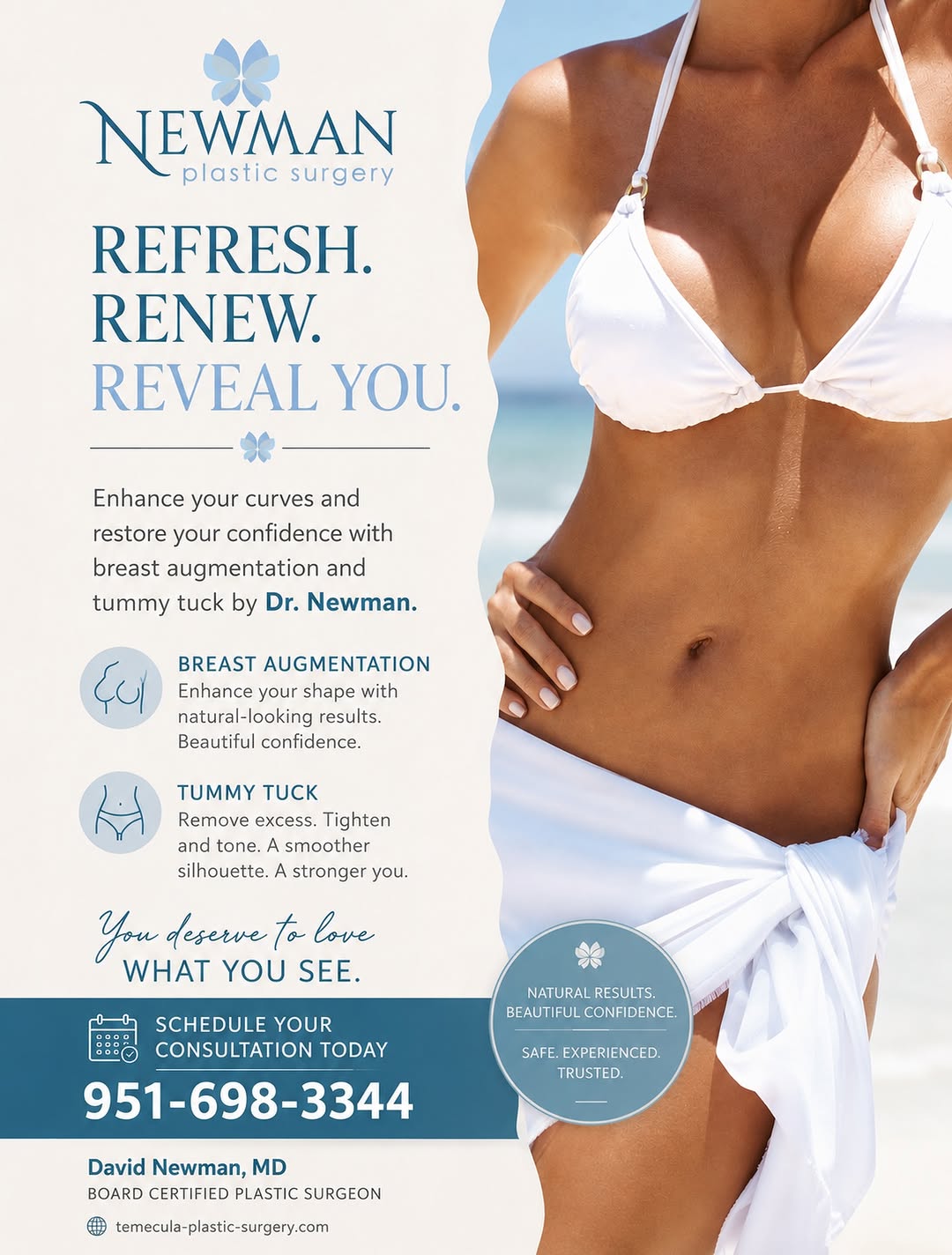 Instagram post by Dr. David A. Newman: Ready to feel more confident in your shape? Breast augmentation can enhance volume and proportion, while a tummy tuck can help create a smoo…