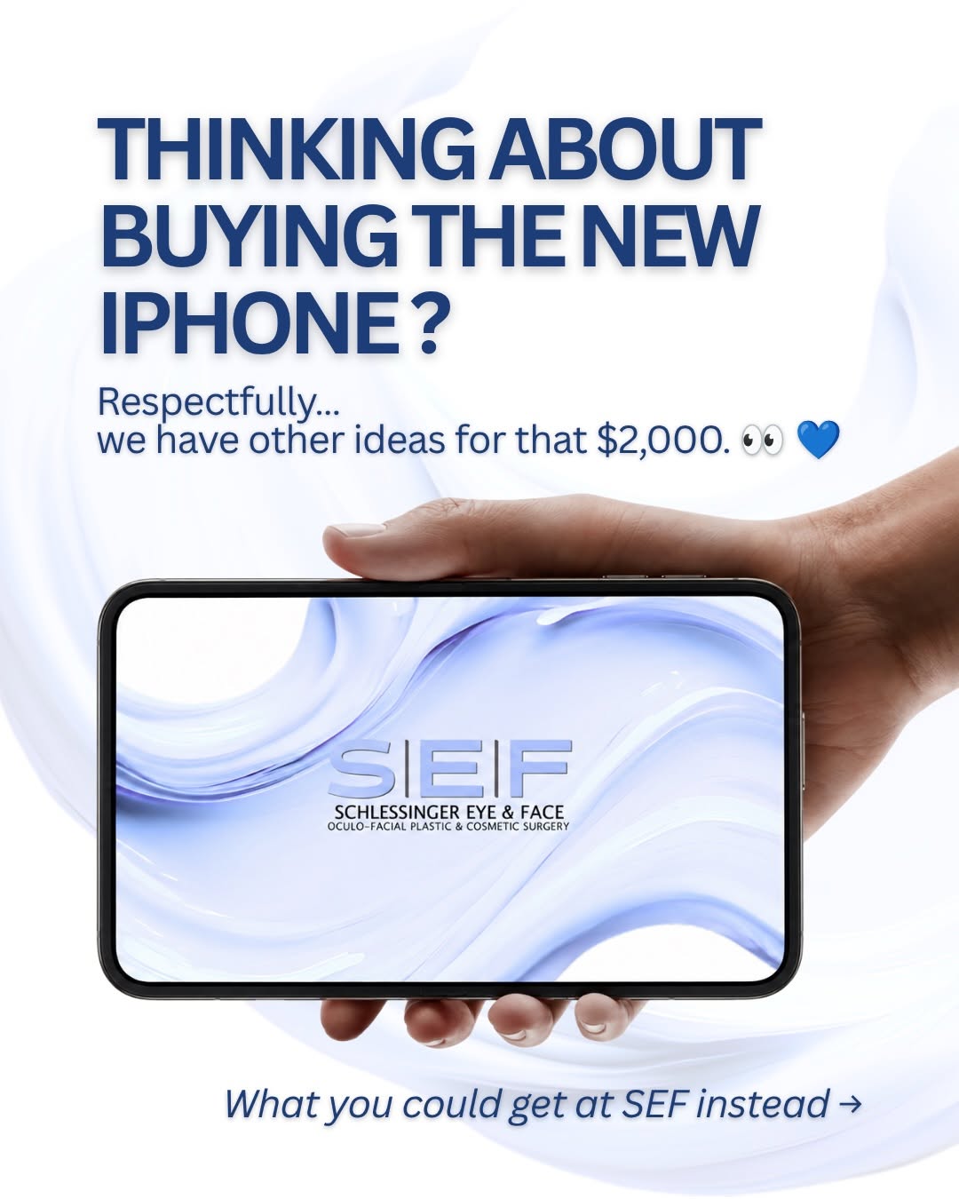 Instagram post by Dr. David A. Schlessinger: Your phone isn’t the only thing you can upgrade. 👀📱💙 The new iPhone might be tempting, but before you drop that money on the latest piece…