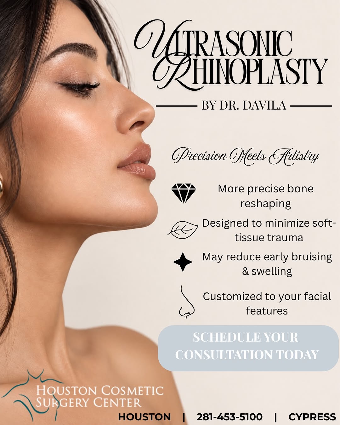 Instagram post by Dr. David Davila, DO: Precision matters. ✨ Ultrasonic rhinoplasty allows for a refined approach to reshaping the nose while helping minimize trauma to surrounding…
