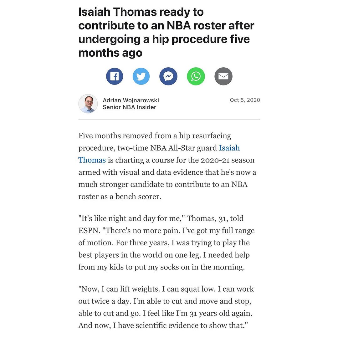 Instagram post by Dr. David Drucker: 🚨Total Hip Resurfacing🚨Isaiah Thomas ready to contribute to an NBA roster after undergoing a hip procedure five months ago