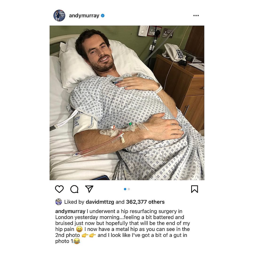 Instagram post by Dr. David Drucker: Scroll for the full scoop on famous tennis player, Andy Murray’s hip resurfacing ➡️ Hip resurfacing is an alternative to total hip replaceme…