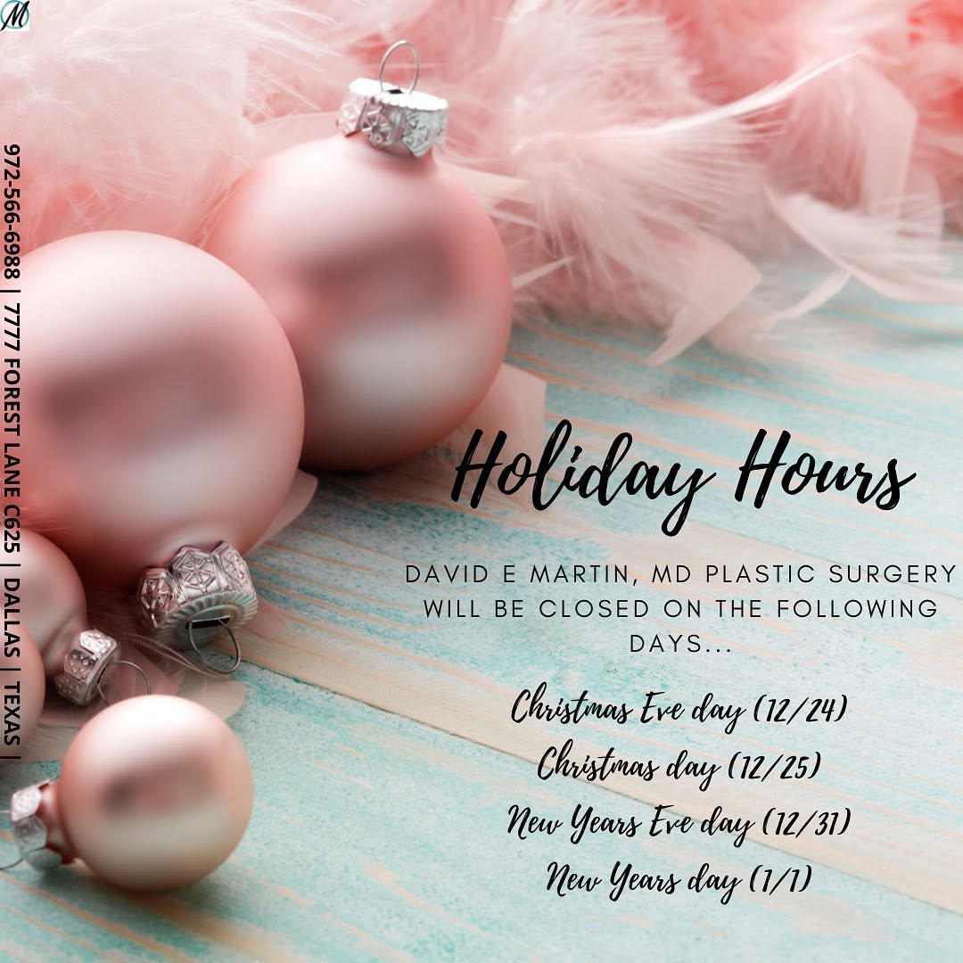 Instagram post by Dr. David E. Martin: Are you excited for Christmas and New Years?? We definitely are! What are your plans this holiday season?! #holidayhours #dallasplasticsurge…