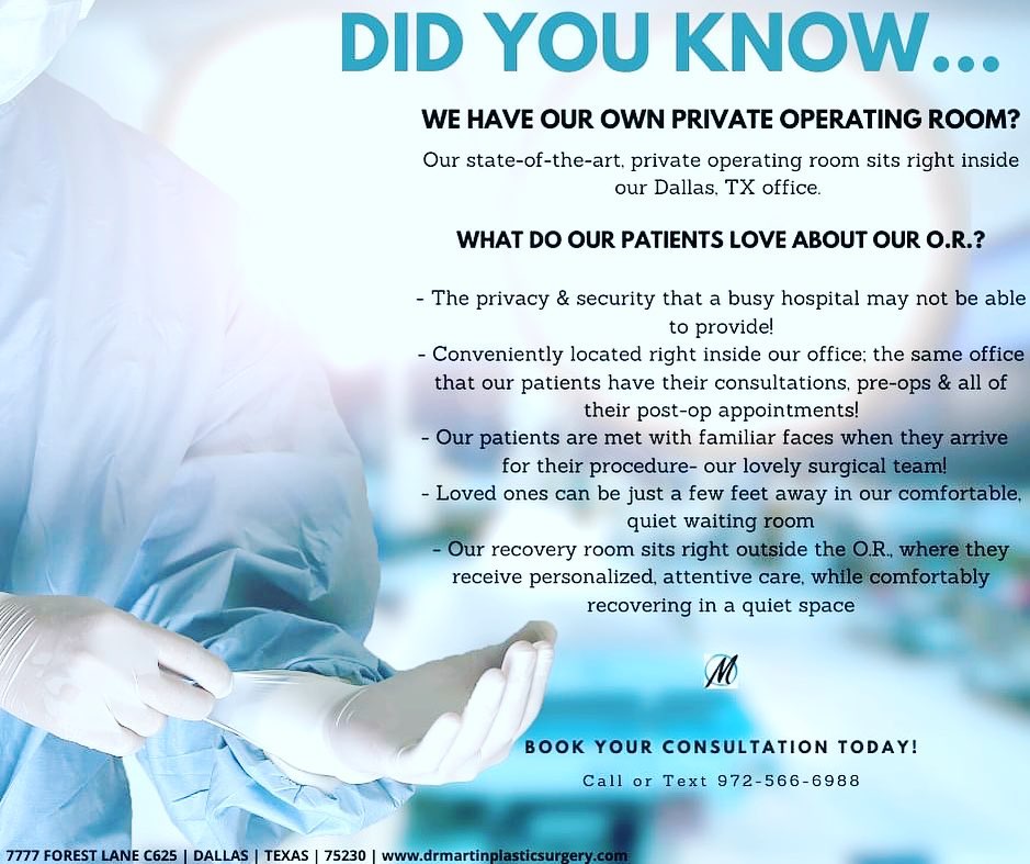 Instagram post by Dr. David E. Martin: Our patients LOVE our private operating room! See below to find out why! #dallasplasticsurgery #plasticsurgery #privateoperatingroom #selfca…