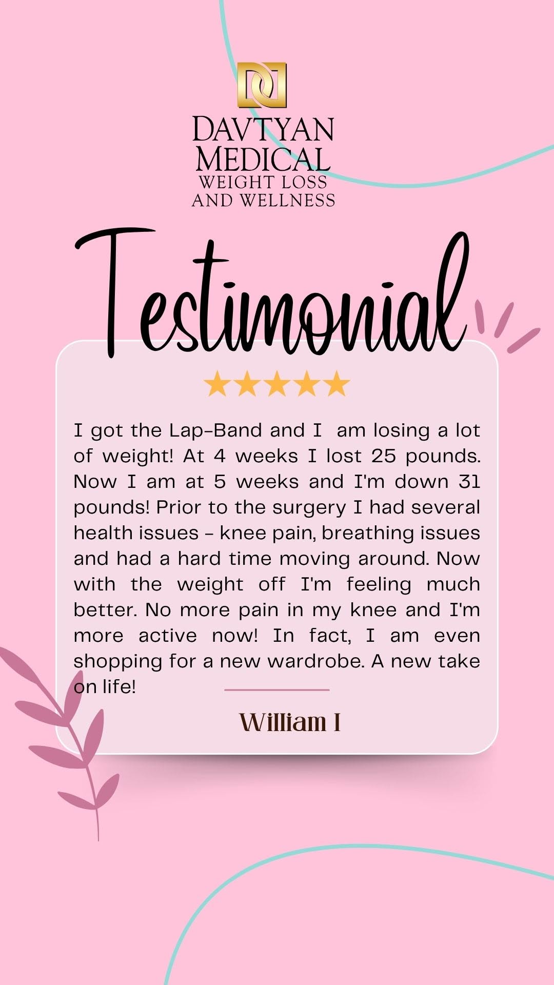 Instagram post by Dr. David G. Davtyan: A new take on life!” 💪✨ . Just 5 weeks after getting the Lap-Band, this amazing patient is down 31 pounds and feeling better than ever! 🎉 …