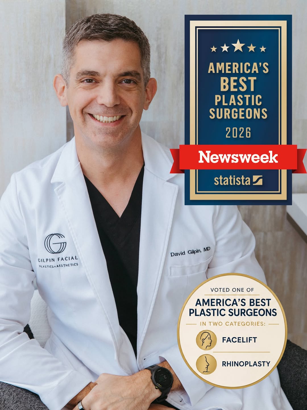 Instagram post by Dr. David Gilpin: Dr. Gilpin has been named one of America’s Best Plastic Surgeons 2026 by Newsweek & Statista — recognized nationally for excellence in both …
