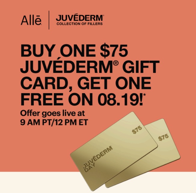 Instagram post by Dr. David J. Applebaum: ✨ JUVÉDERM DAY IS COMING ✨ Your glow just got even more rewarding. Buy one $75 JUVÉDERM® Gift Card and get one FREE on 08.19!* 💛 ⏰ Offer go…