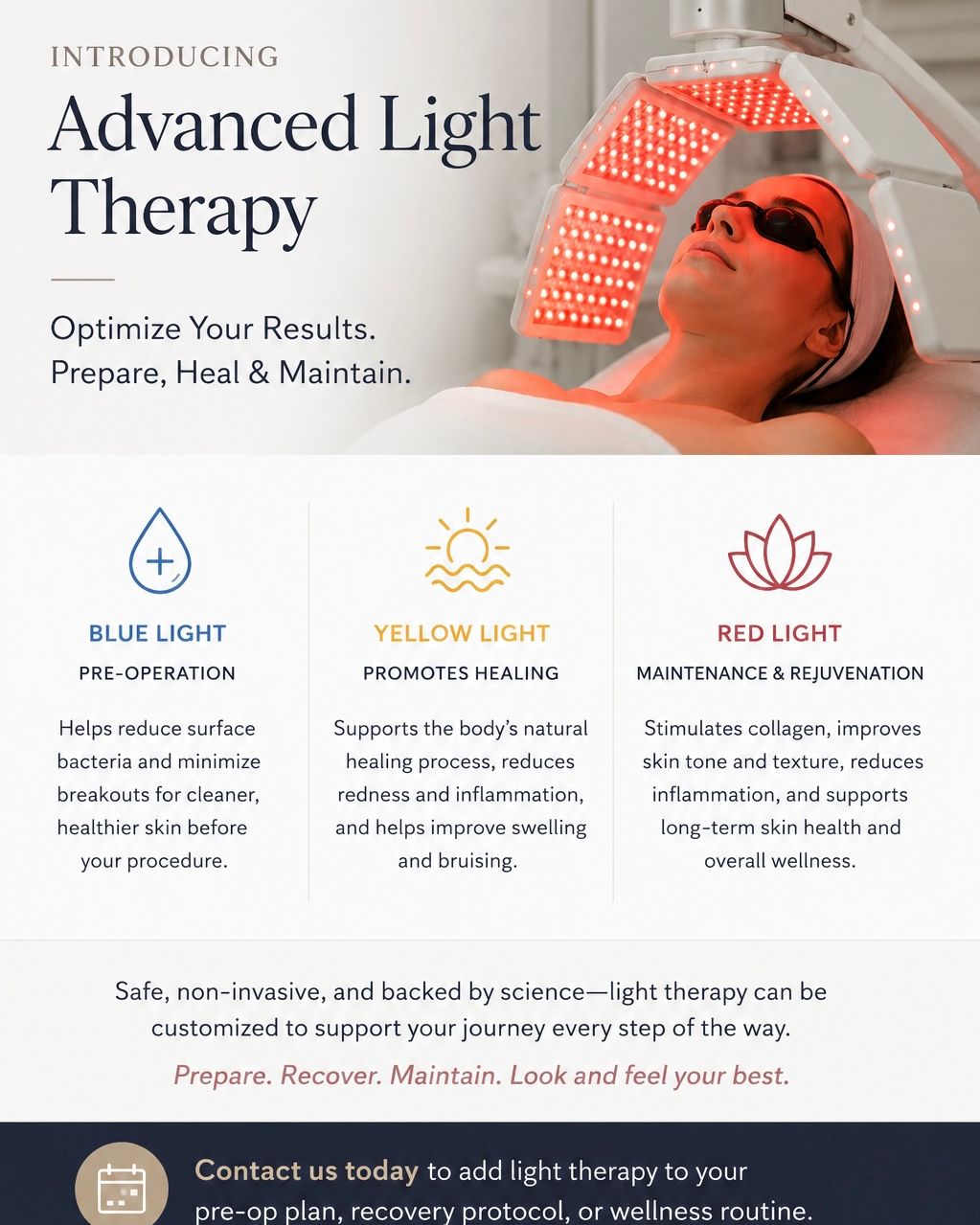 Instagram post by Dr. David K. Funt: ✨𝗔𝗱𝘃𝗮𝗻𝗰𝗲𝗱 𝗟𝗶𝗴𝗵𝘁 𝗧𝗵𝗲𝗿𝗮𝗽𝘆 ✨ 💙 Blue Light – Pre-op skin prep 💛 Yellow Light – Healing & recovery ❤️ Red Light – Rejuvenat…