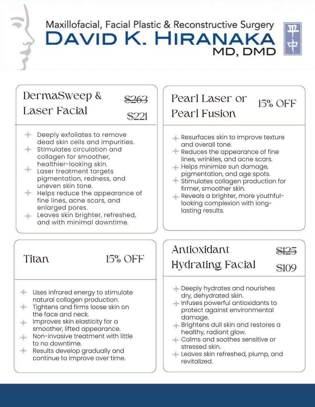 Instagram post by Dr. David K. Hiranaka: ☀️ July Specials are HERE! Limited-Time offers all month— book you favorite treatment before the calendar fills up! 🌷☁️ DERMASWEEP and LASE…