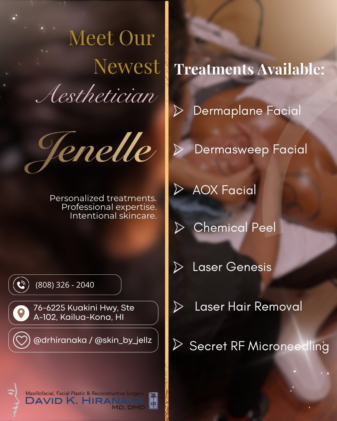 Instagram post by Dr. David K. Hiranaka: Have you booked a facial yet? 🧖🏼‍♀️✨💆‍♀️🎀 🙋‍♀️Meet Jenelle, one of our Aestheticians. She’s here to help you feel confident in your ski…