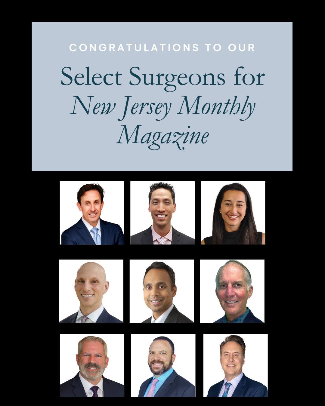 Instagram post by Dr. David L. Rayfield: Join us in celebrating our exceptional physicians recognized as 2026 Select Surgeons for New Jersey Monthly Magazine! Honorees (left to righ…