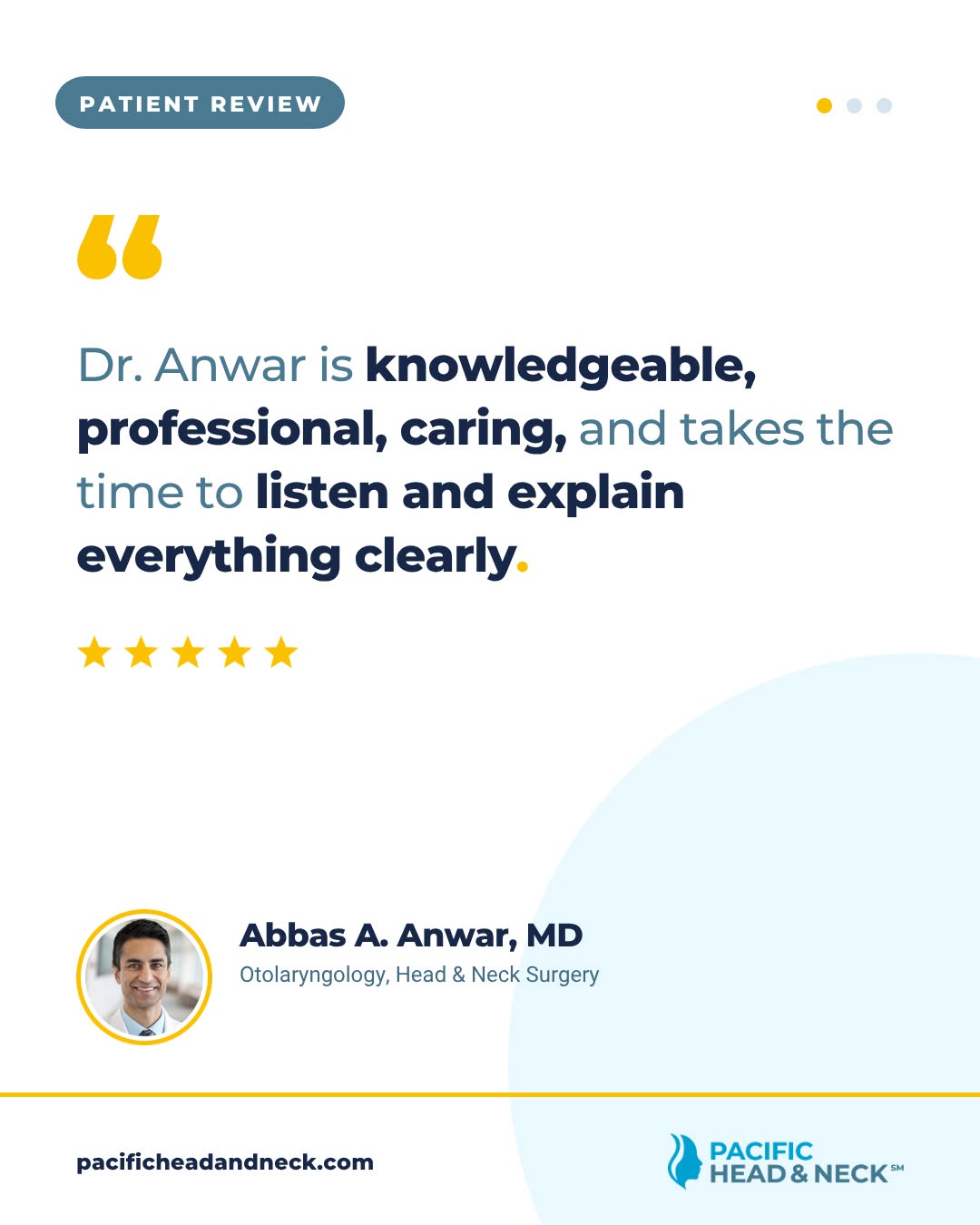 Instagram post by Dr. David M. Butler: "Dr. Anwar is knowledgeable, professional, caring, and takes the time to listen and explain everything clearly."⁠ ⁠ A five-star review for A…