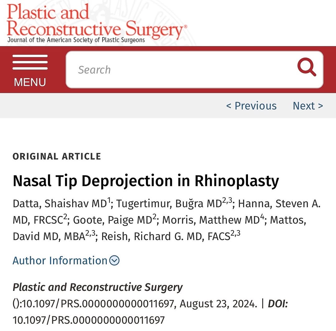 Instagram post by Dr. David Mattos: So proud of our team for this recent publication in our Plastic and Reconstructive Surgery Journal. We describe nasal tip deprojection techn…