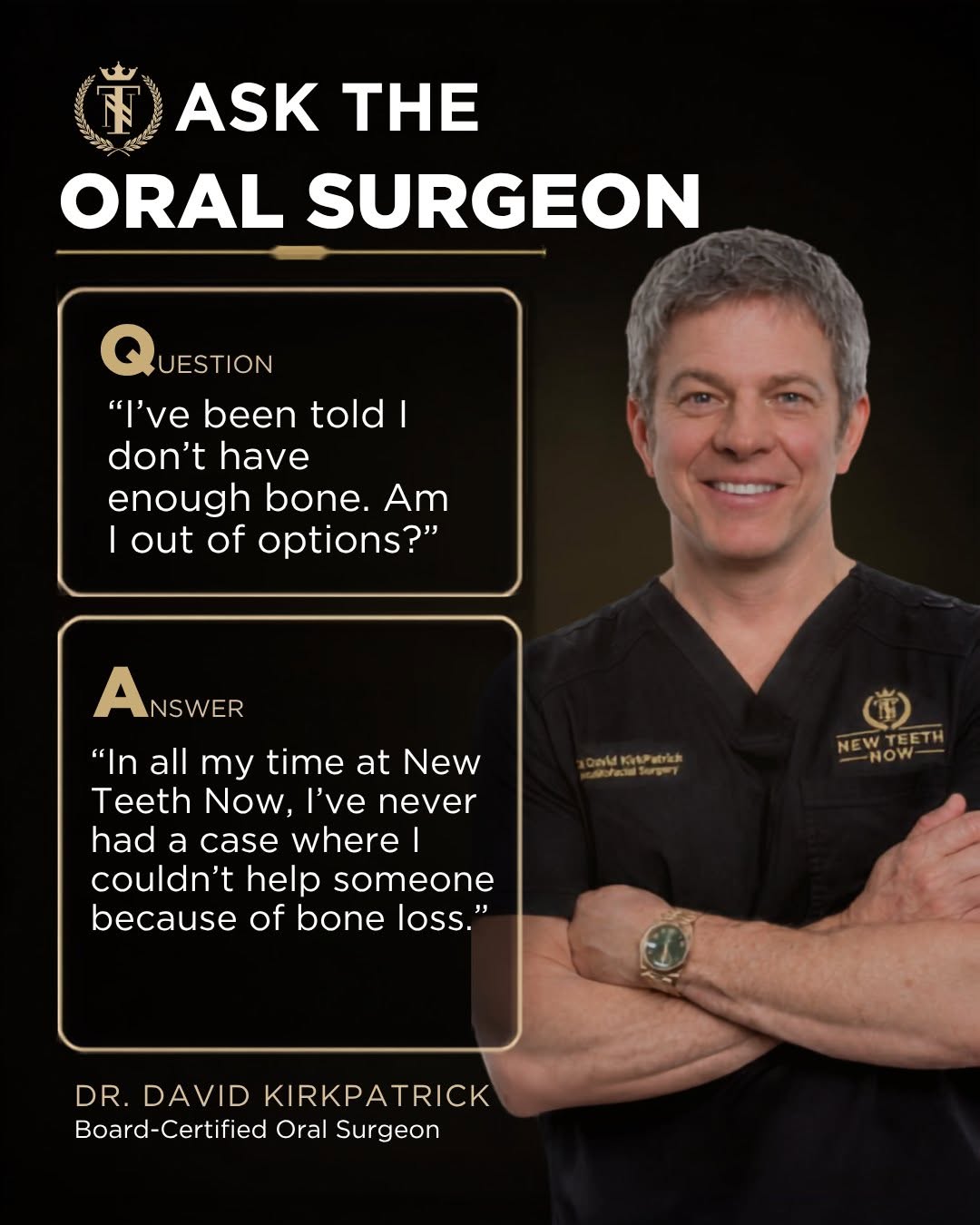 Instagram post by Dr. David R. Kirkpatrick, D: “I’ve been told I don’t have enough bone. Am I out of options?” Dr. David Kirkpatrick, Board-Certified Oral Surgeon, has heard this question…