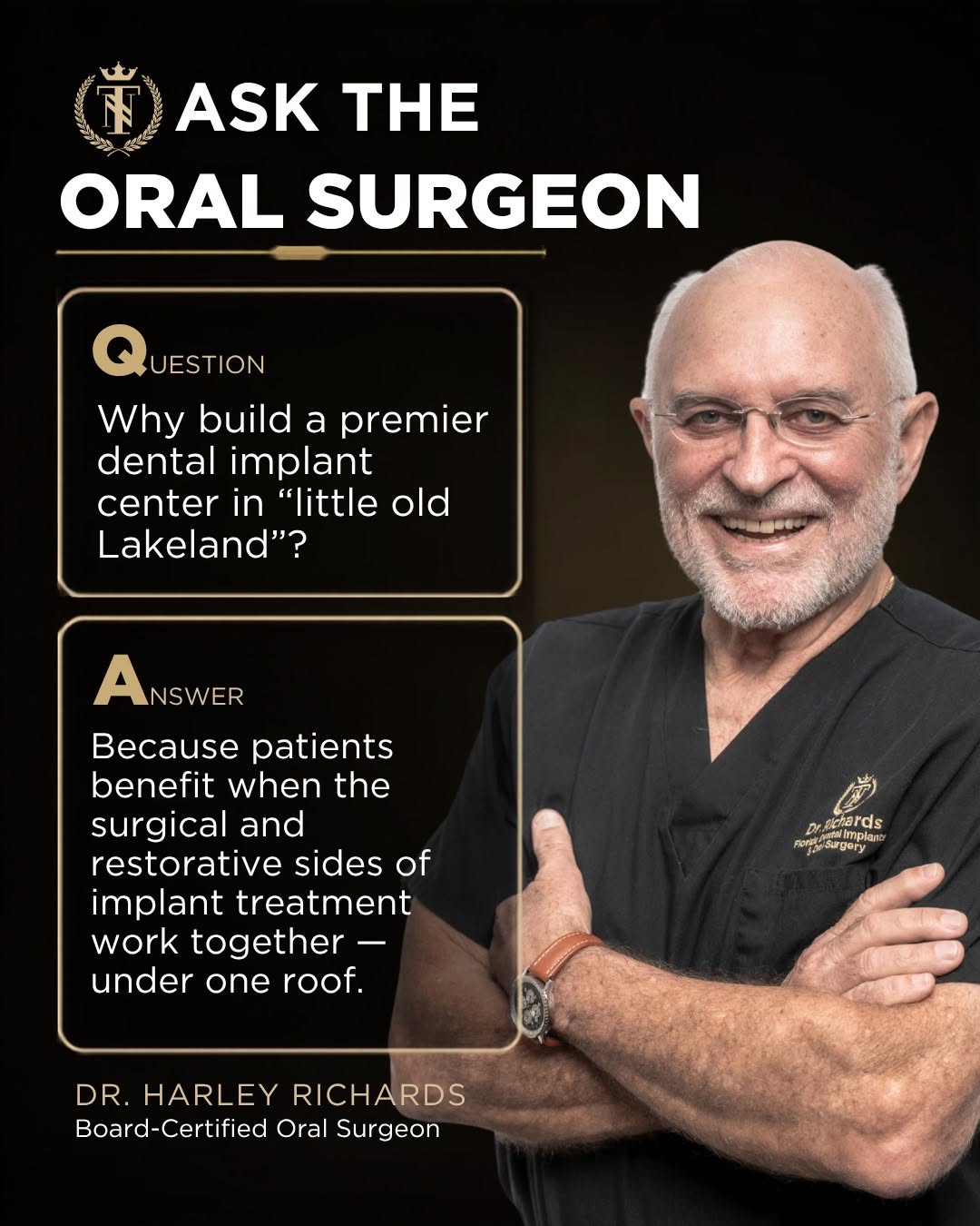 Instagram post by Dr. David R. Kirkpatrick, D: Why build a premier dental implant center in "little old Lakeland"? Because Dr. Harley Richards believed patients benefit from having the su…