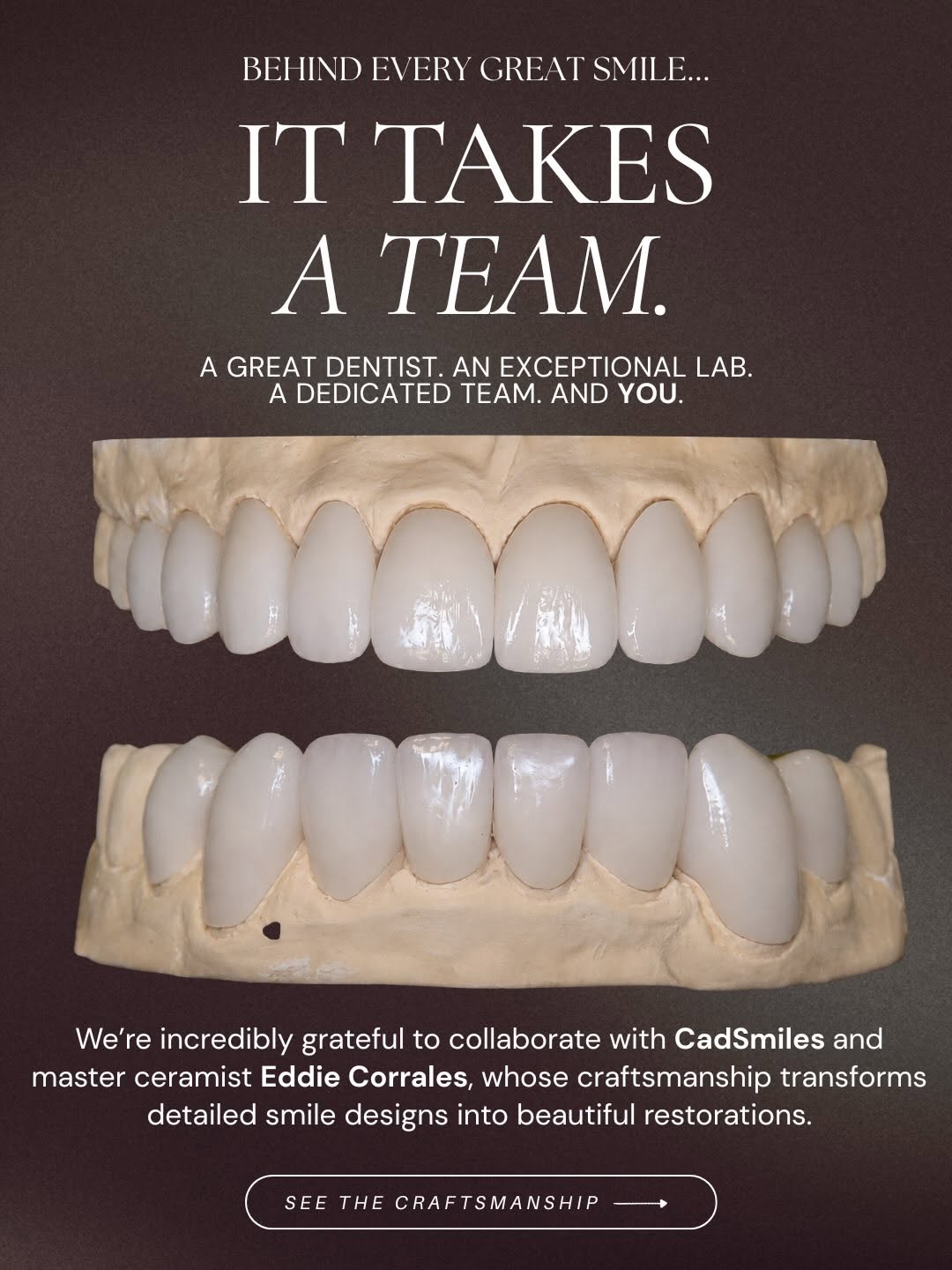 Instagram post by Dr. David S. Eshom: Great smiles are a team effort. 🤍 Behind every detail is a collaboration between the dentist, the patient, and an incredible lab team bring…