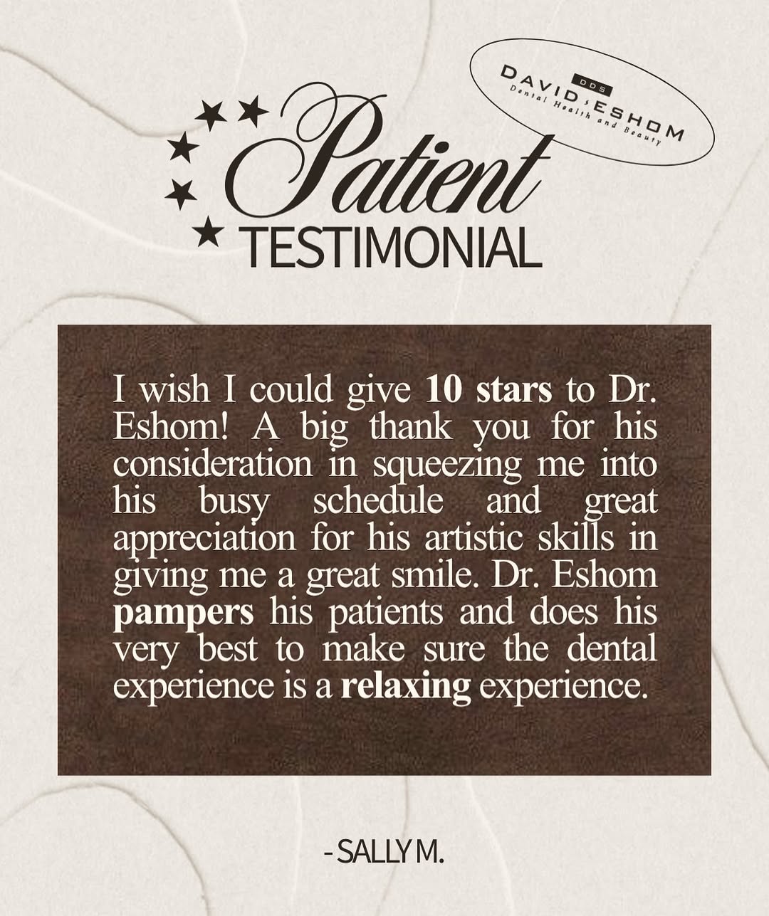 Instagram post by Dr. David S. Eshom: When 5 stars just aren’t enough. ⭐️ We strive to be the best cosmetic dentist in San Diego, and reviews like this mean so much to our team. …