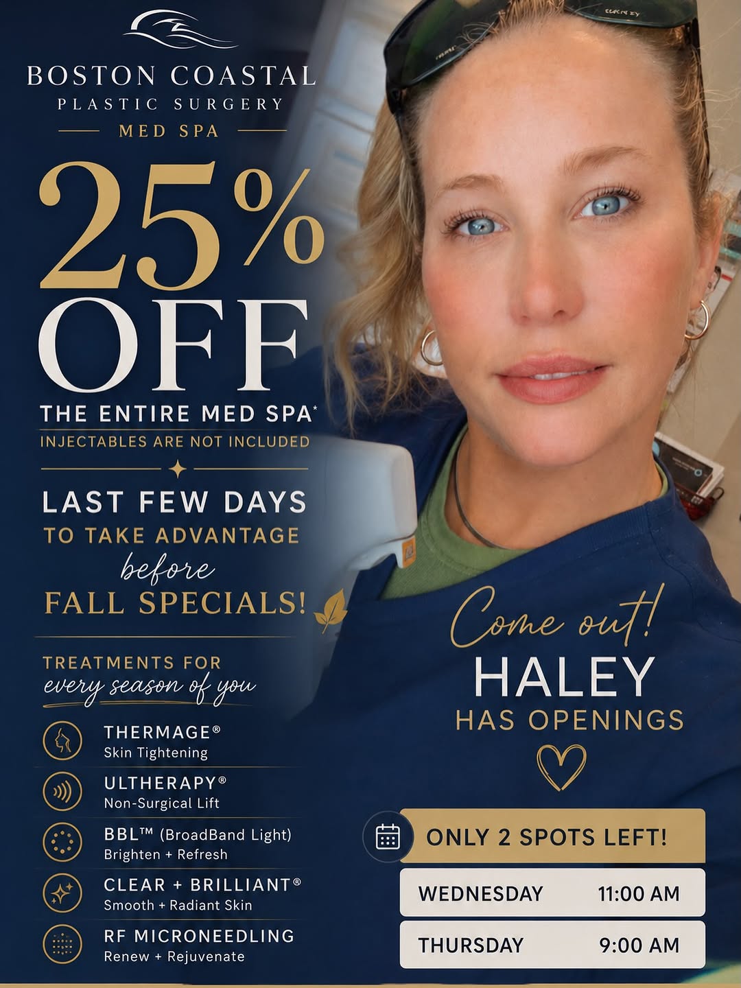 Instagram post by Dr. Dax Guenther: ✨ LAST CALL, BABES! ✨ Fall is right around the corner, and this is your sign to get that treatment you’ve been thinking about! 🍂✨ Enjoy 25%…