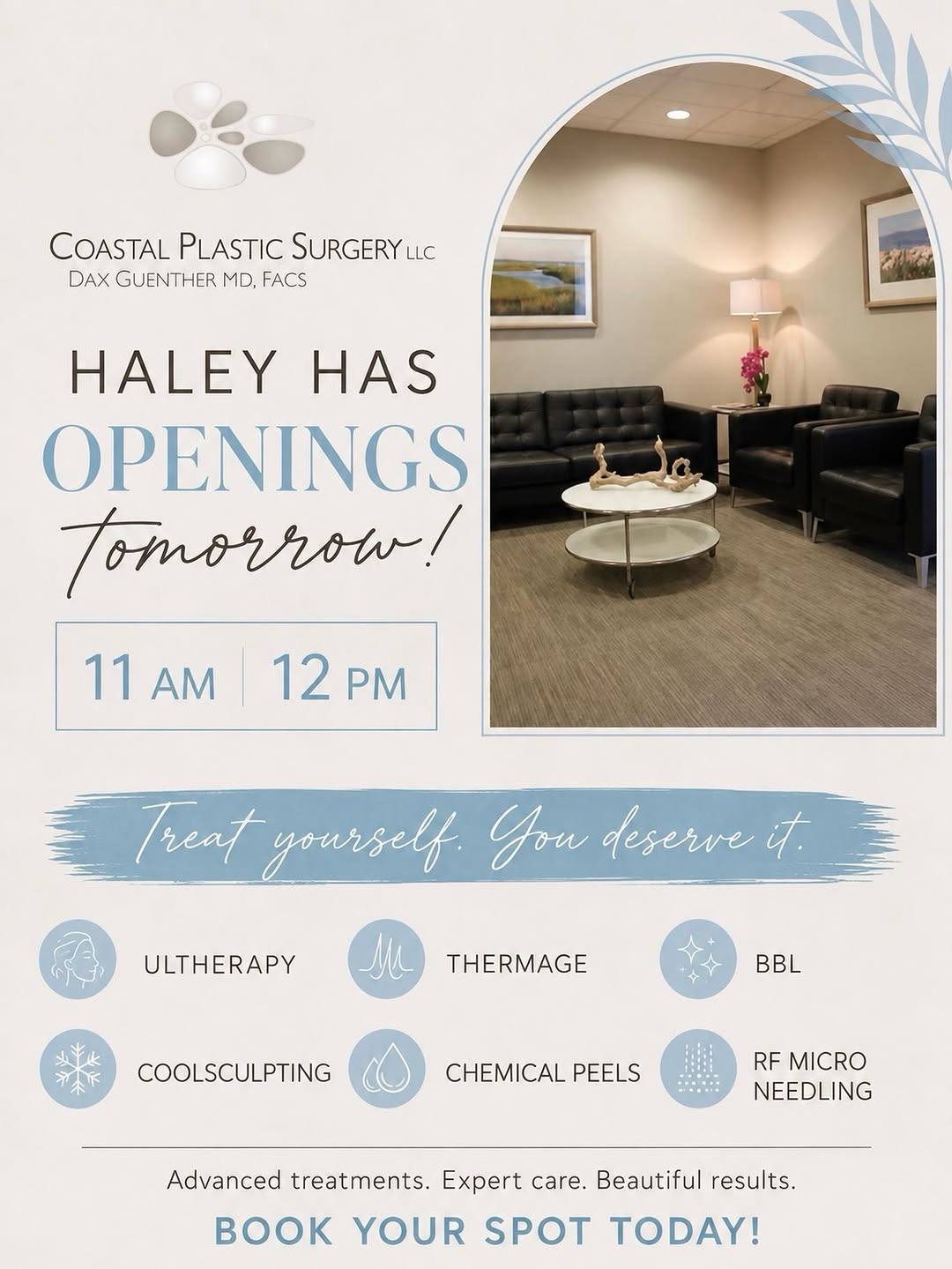 Instagram post by Dr. Dax Guenther: I’d love to see you! 🤍✨ I have two last-minute openings tomorrow at 11 AM & 12 PM. Who’s ready for a little self-care? 🙋🏼♀️✨ Ultherapy •…