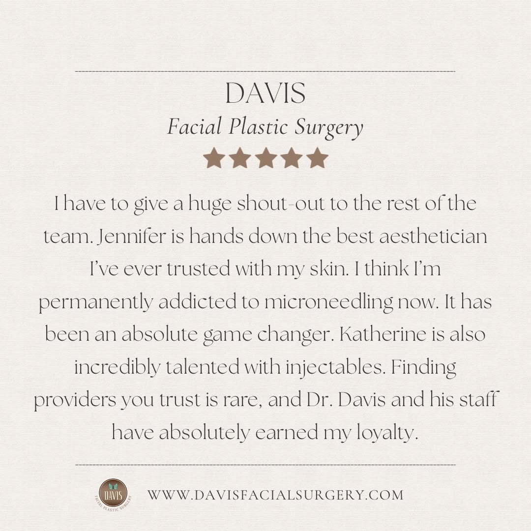 Instagram post by Dr. Dean G. Davis: Surgery, skincare, and injectables, one team, a full range of care. #davisfacialplasticsurgery #drdavis #nosebydavis #davisstandard